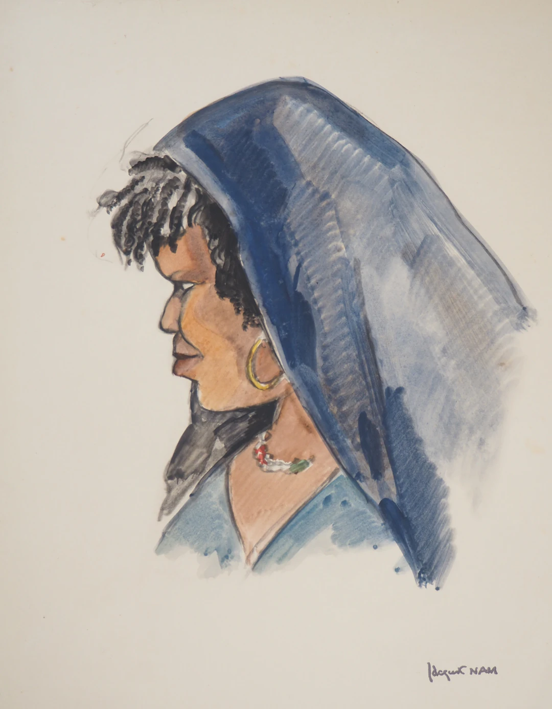 Jacques NAM - Femme au châle bleu, c.1930 - Aquarelle, Signée