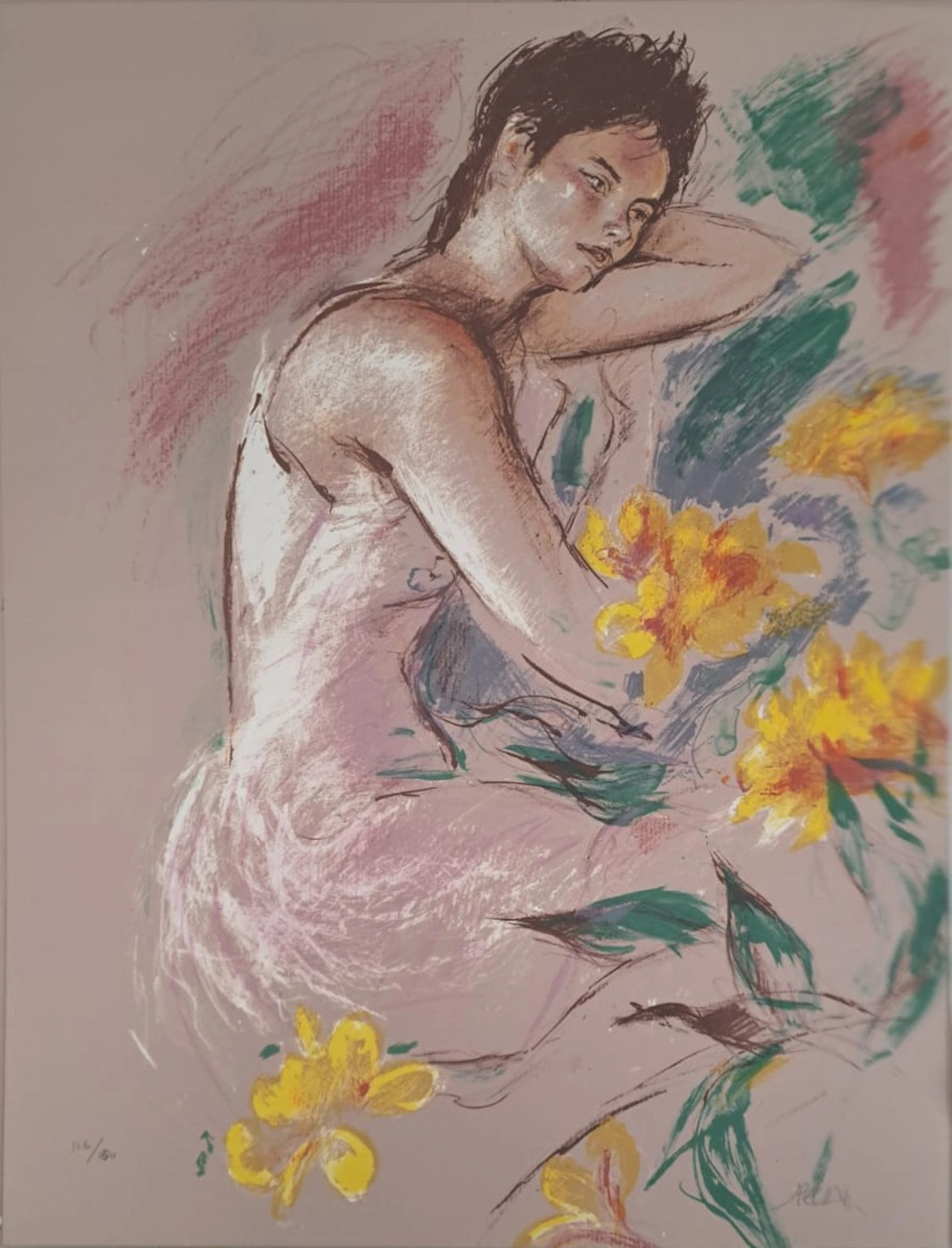 Jacques Pecnard - Jeune fille assoupie dans les fleurs, 1991 - Lithographie