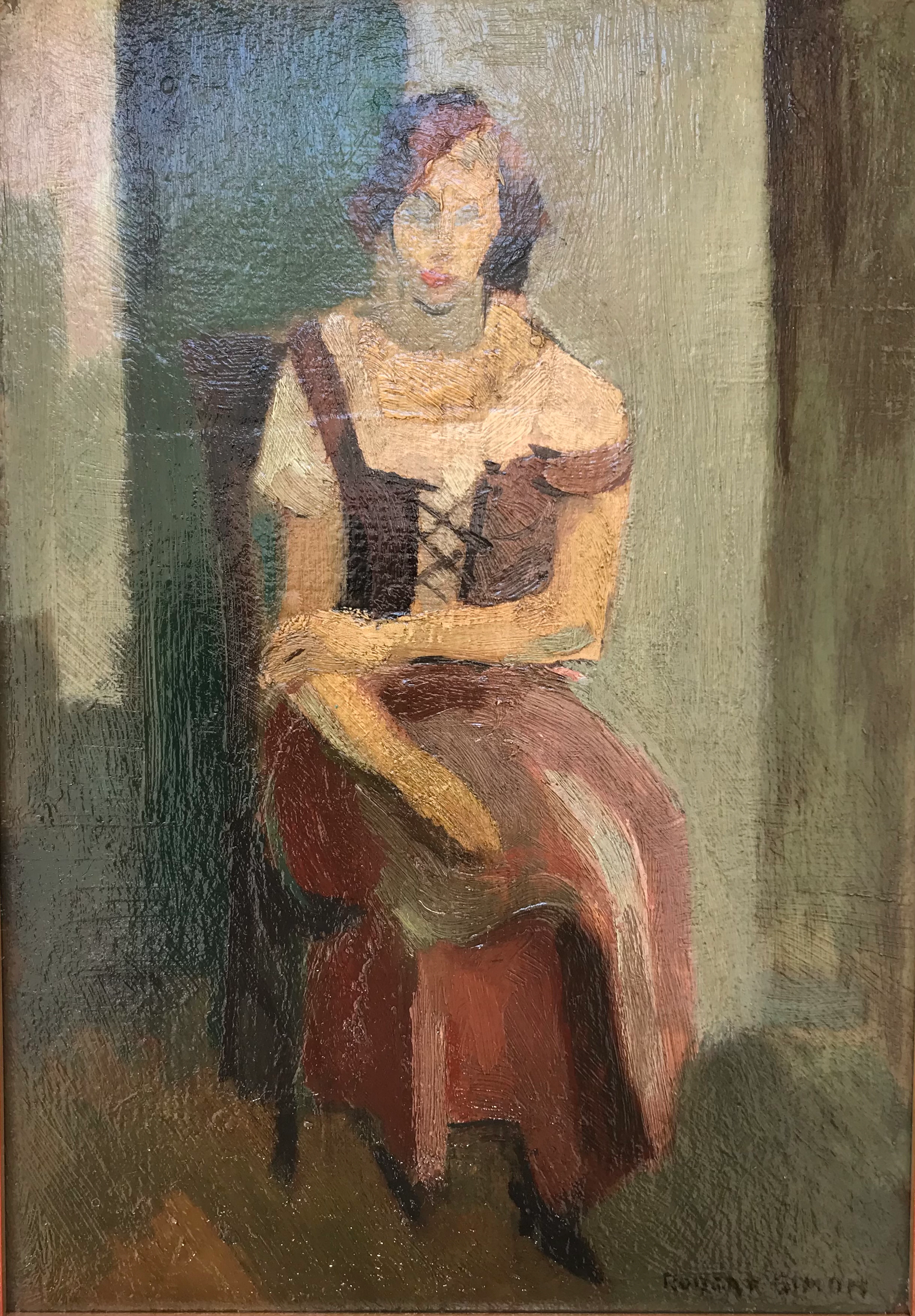 Robert SIMON - Jeuné fille assise,1950 - Huile sur panneau signée