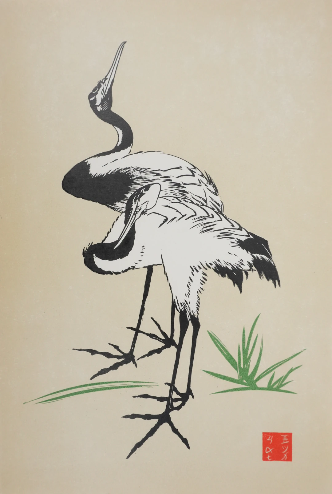 Mokuchu URUSHIBARA : Estampe japonaise, Les hérons (crème), Gravure