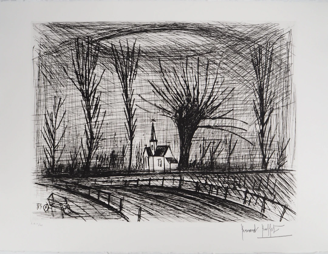 Bernard BUFFET : L’église au lointain, Gravure originale signée