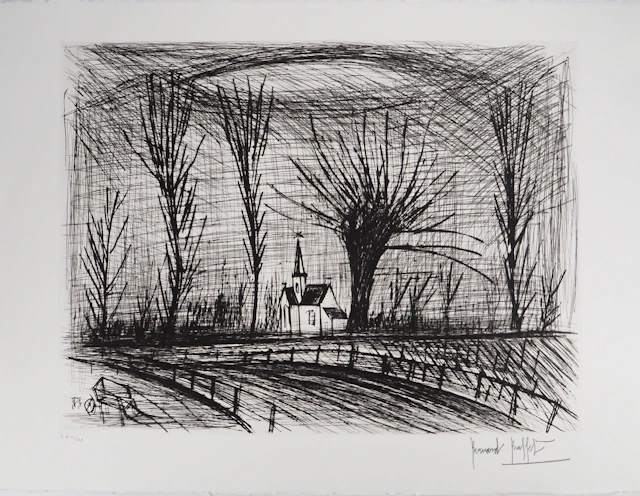 Bernard BUFFET : L’église au lointain, Gravure originale signée