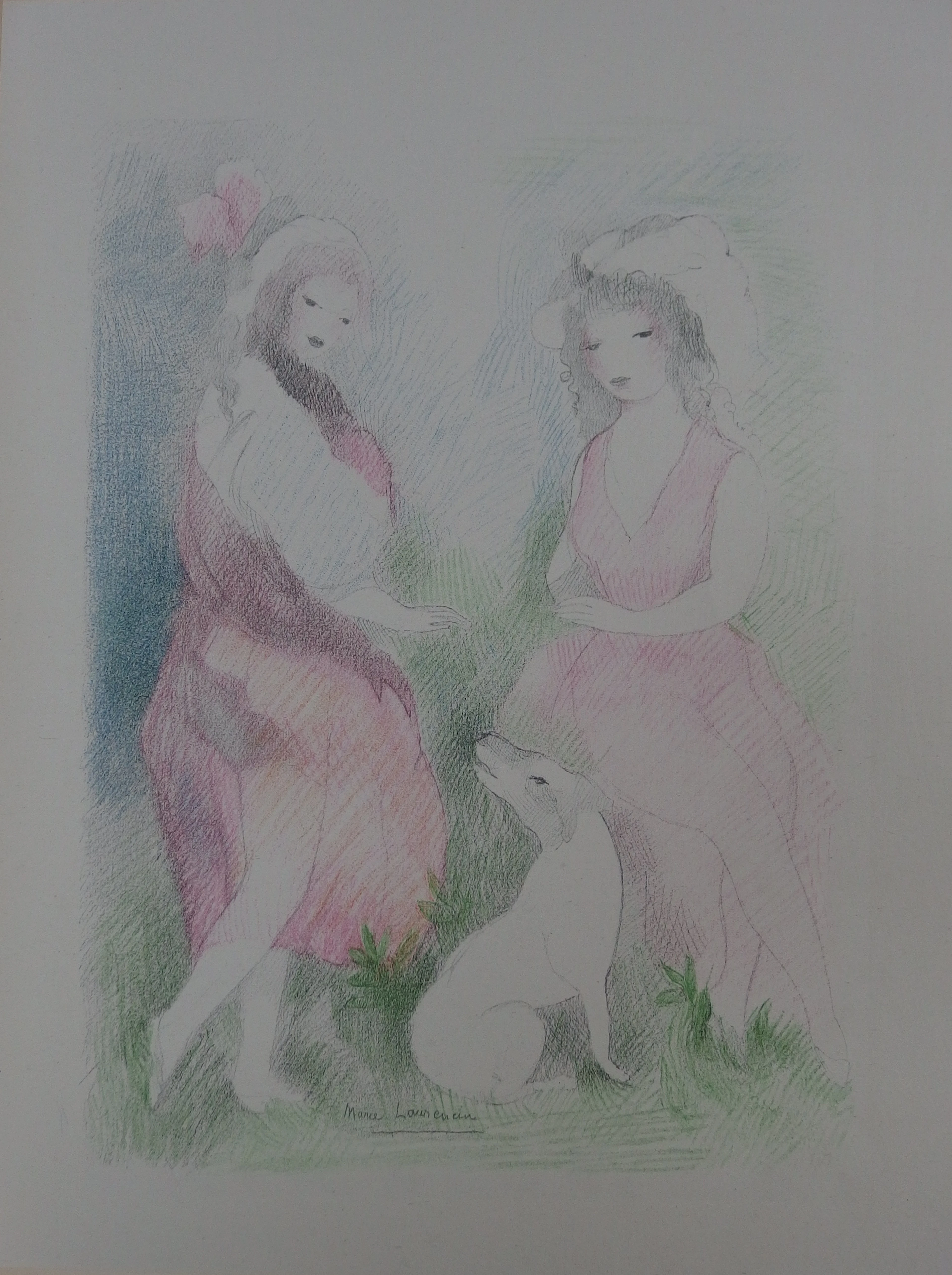 Marie LAURENCIN : Deux fillettes avec un chien, 1928 - Lithographie signée