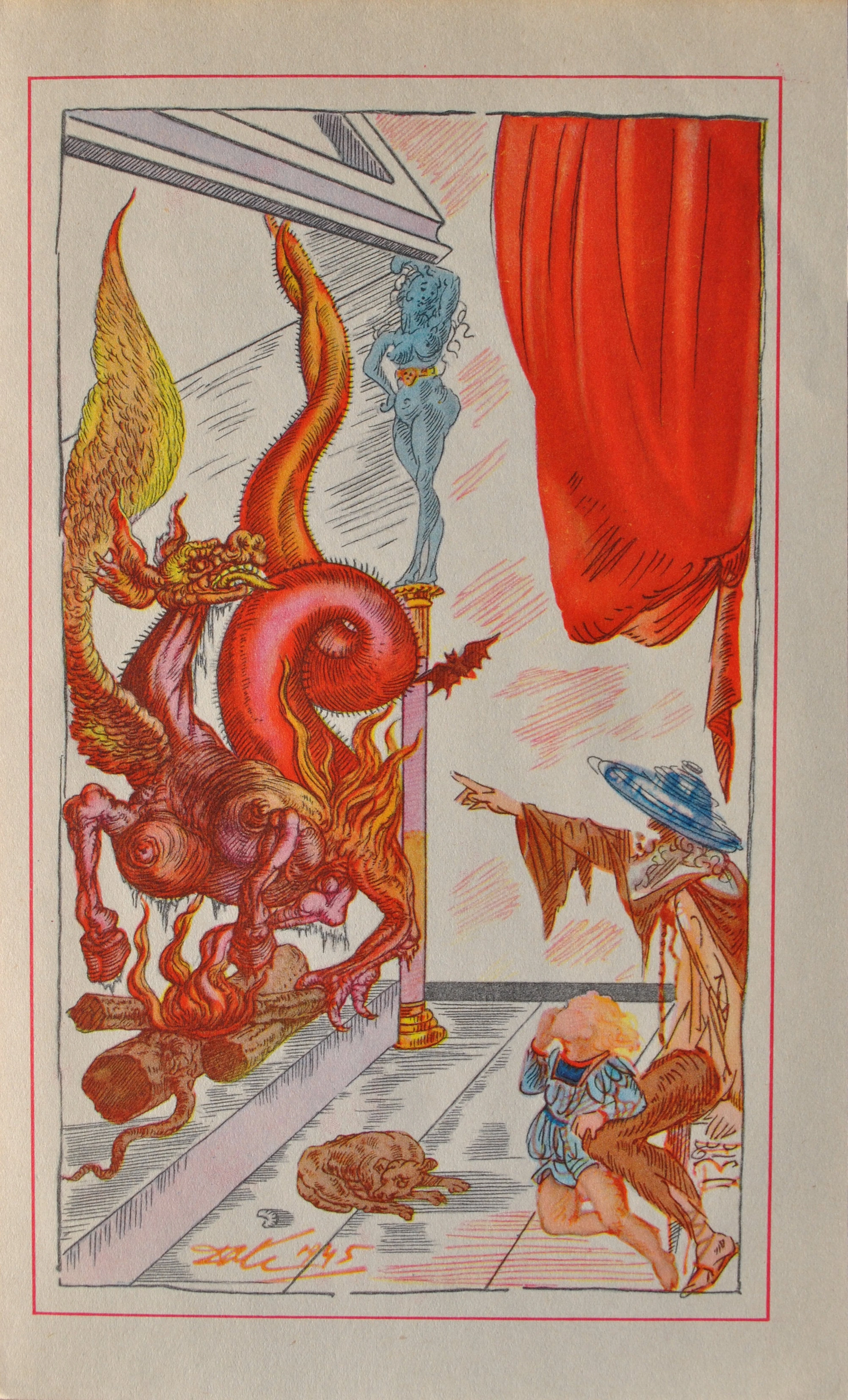 Salvador DALI : Le dragon des ténèbres, Estampe signée, 1948