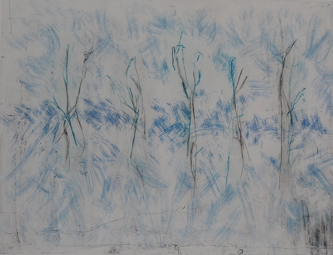 Line Clément - Bleu, verticalité, flou , 1986 - Gravure originale signée