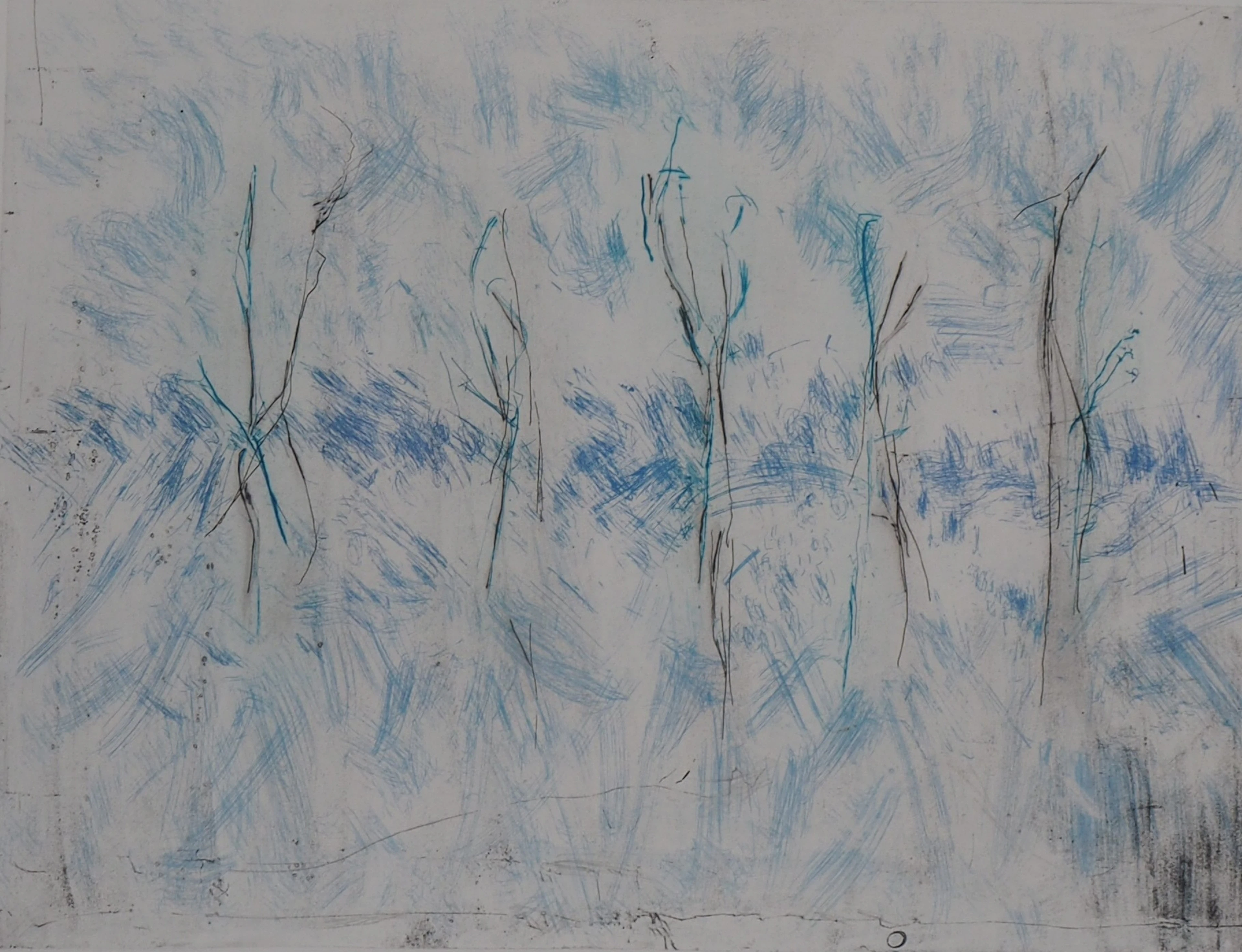 Line Clément - Bleu, verticalité, flou , 1986 - Gravure originale signée