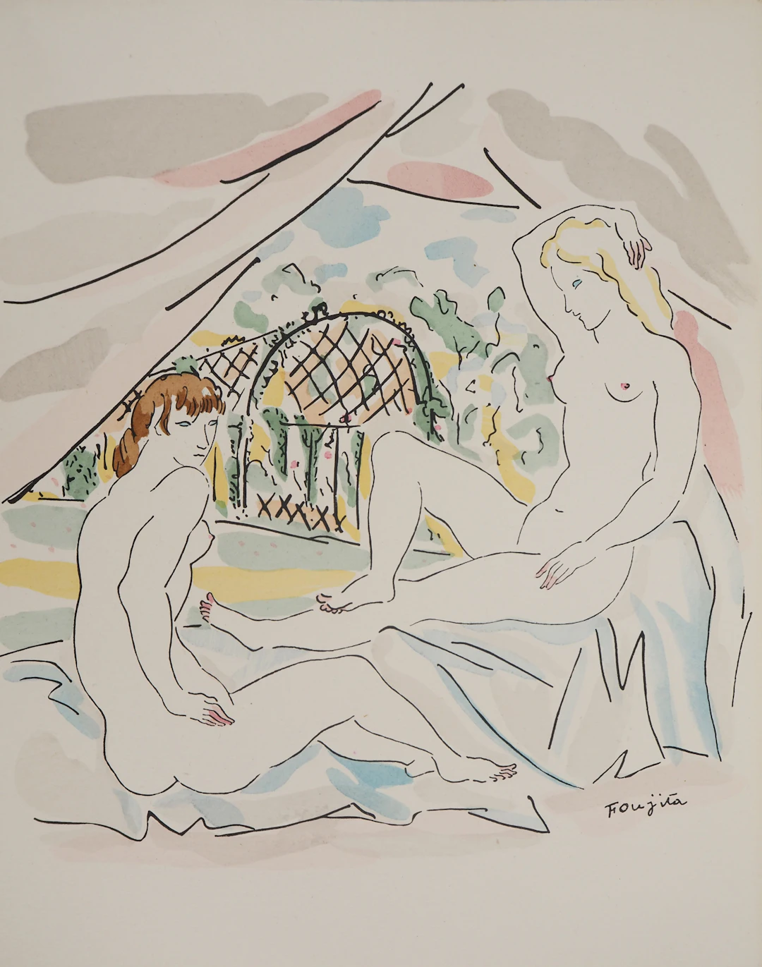 Léonard Tsuguharu FOUJITA : Nu à la campagne, Gravure originale signée
