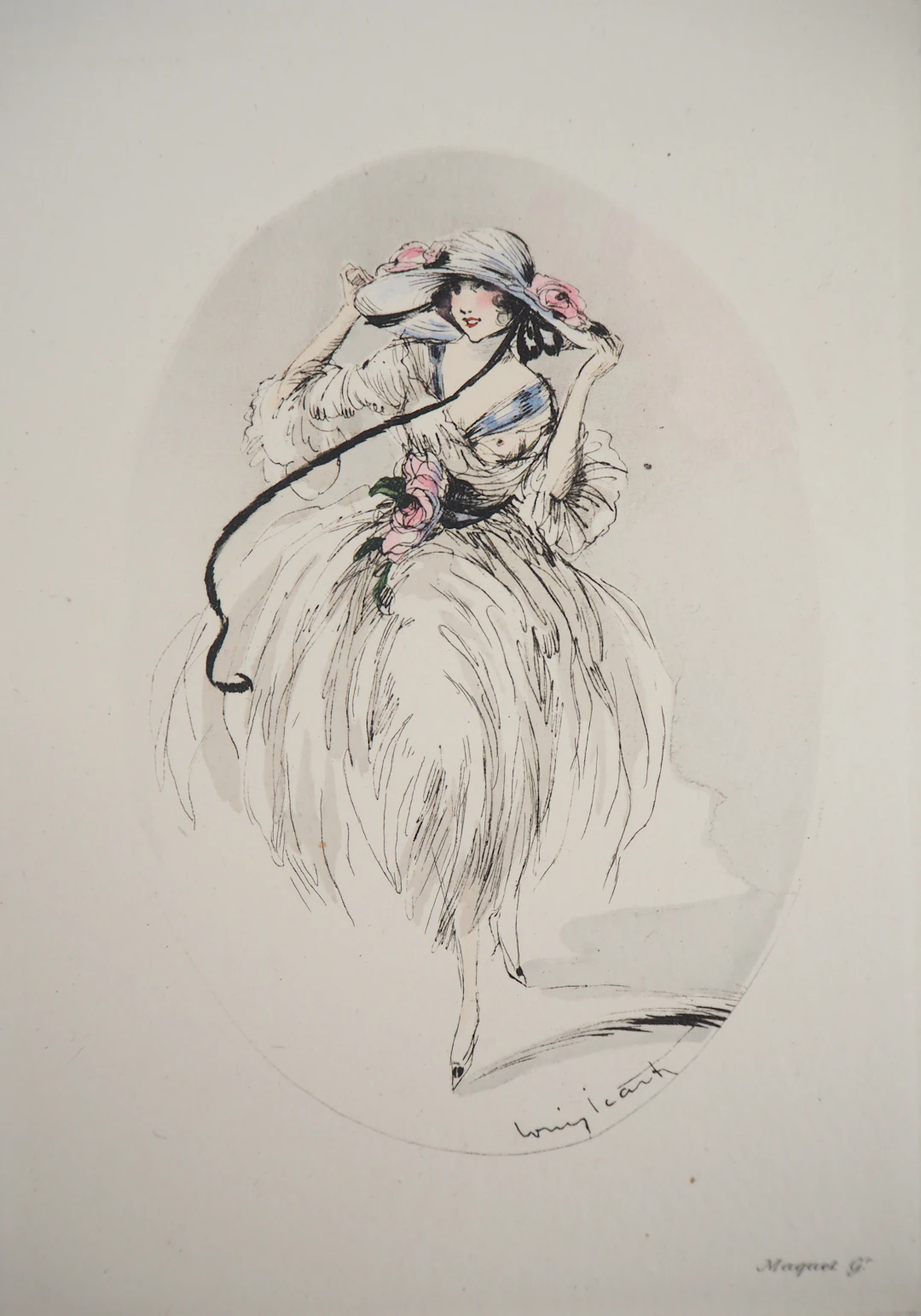 Louis ICART - Jeune femme au chapeau paré de roses, Gravure originale signée