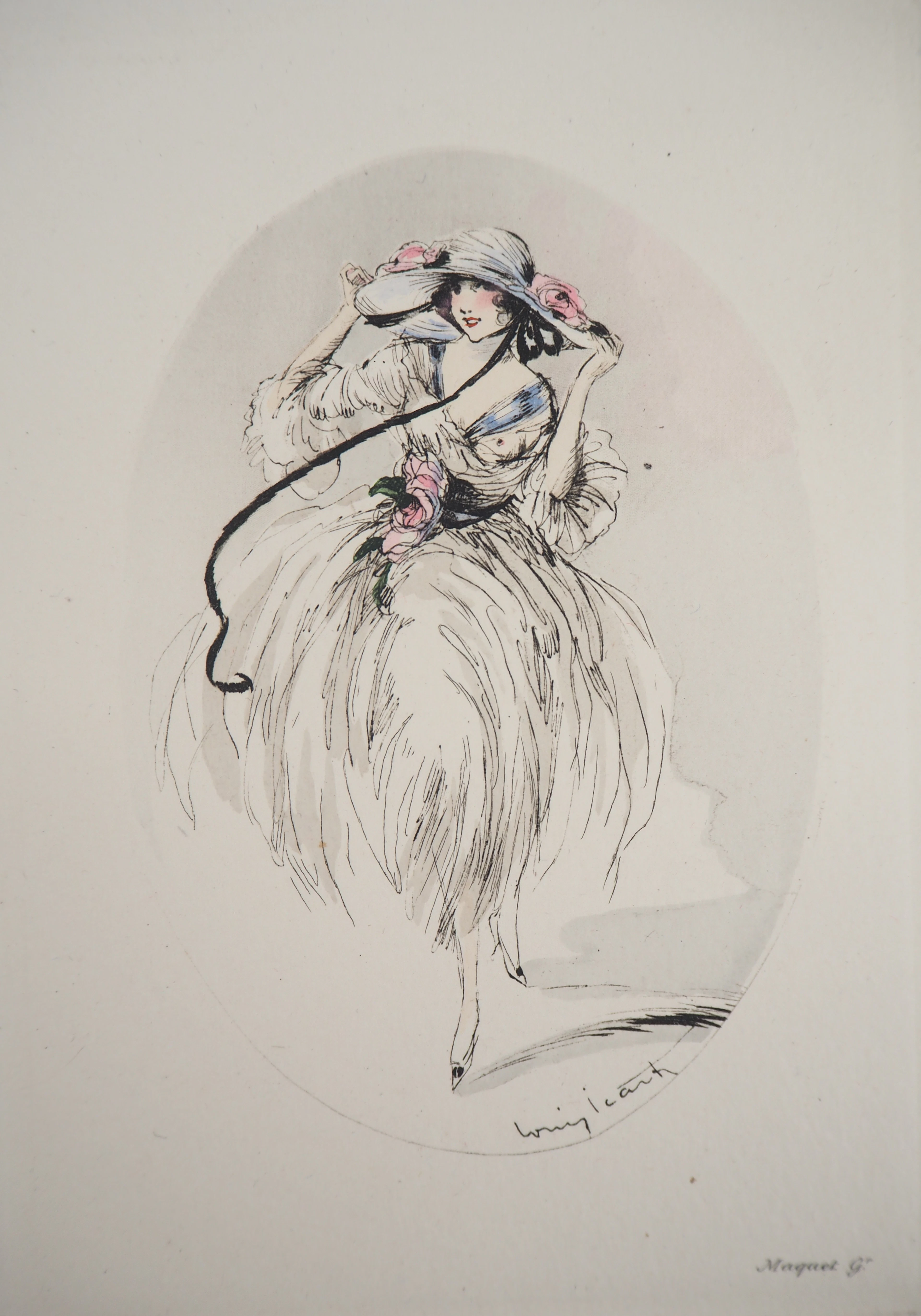 Louis ICART - Jeune femme au chapeau paré de roses, Gravure originale signée