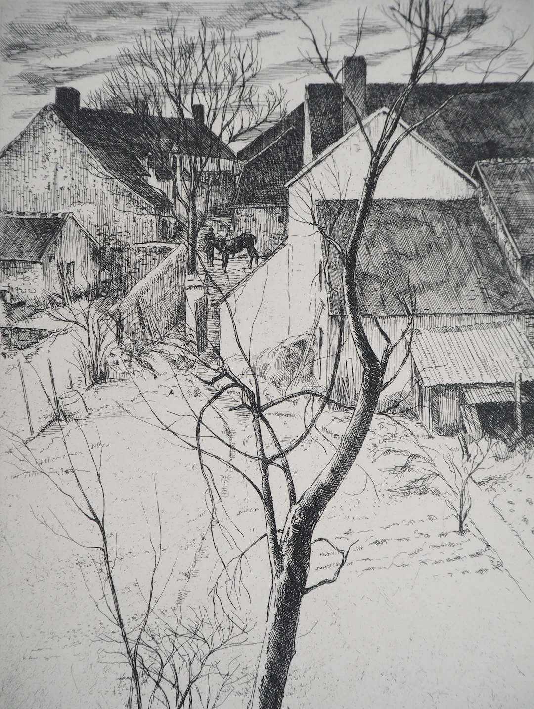 Eugène CORNEAU : Toits du village - Gravure Originale Signée, 1946