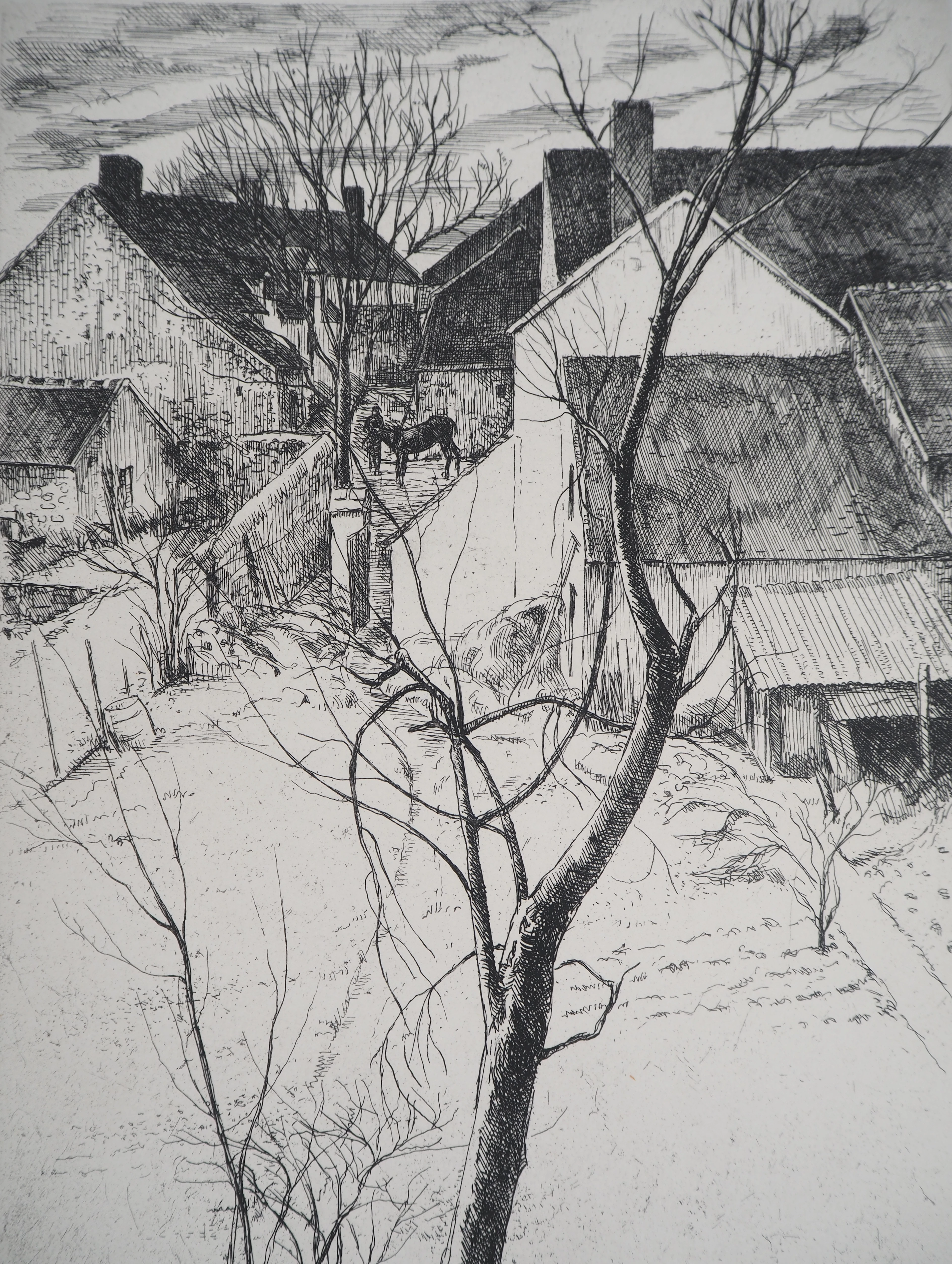 Eugène CORNEAU : Toits du village - Gravure Originale Signée, 1946
