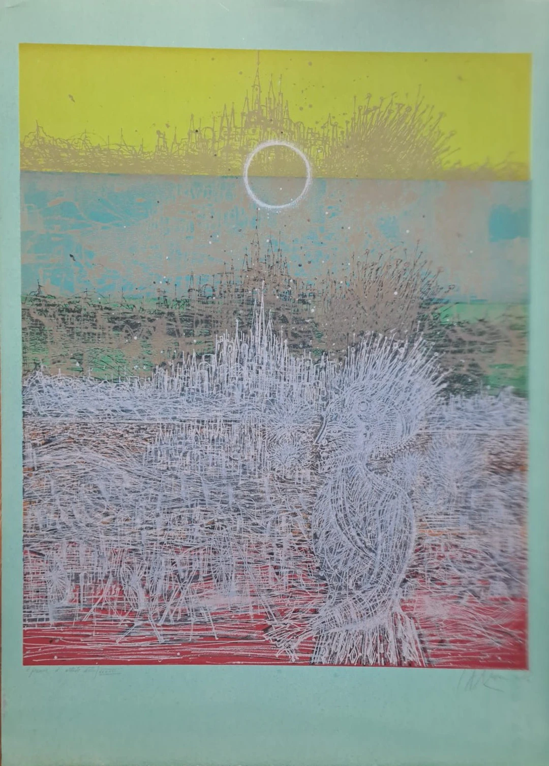 Jean Carzou - Personnage et ville surréalistes, 1976 - Lithographie