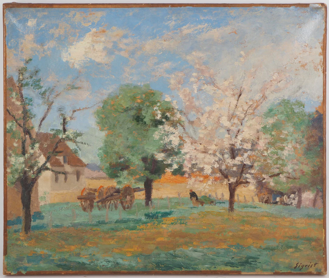 Edmond SIGRIST - Cour de ferme au printemps - Huile sur toile Signée