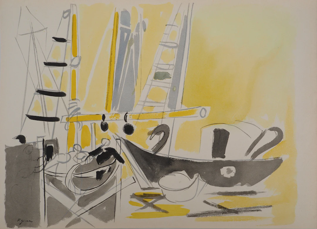 Edouard PIGNON : Belgique, bateaux à Ostende, Lithographie signée