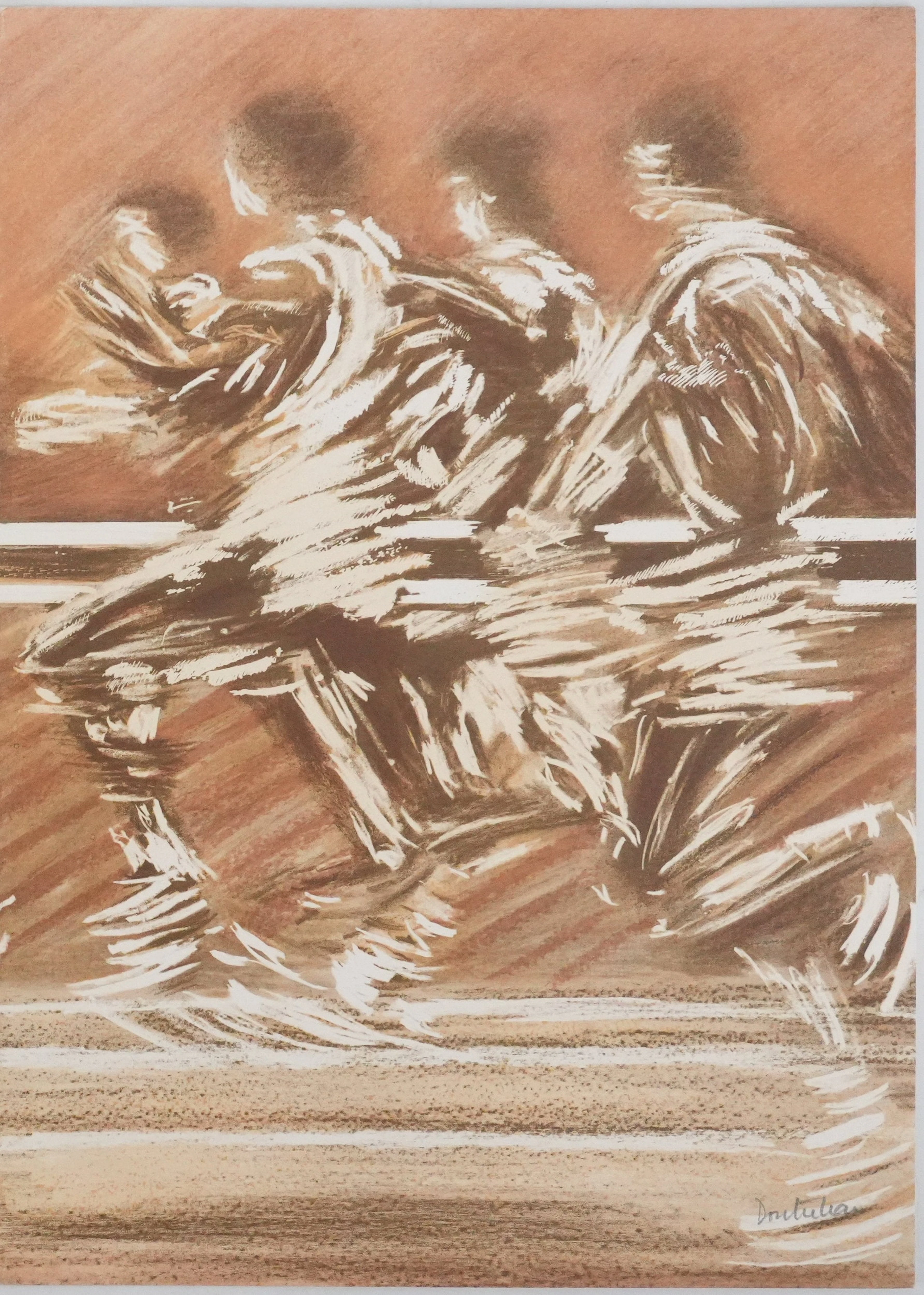 Pierre DOUTRELEAU : La course (sépia), Lithographie originale signée