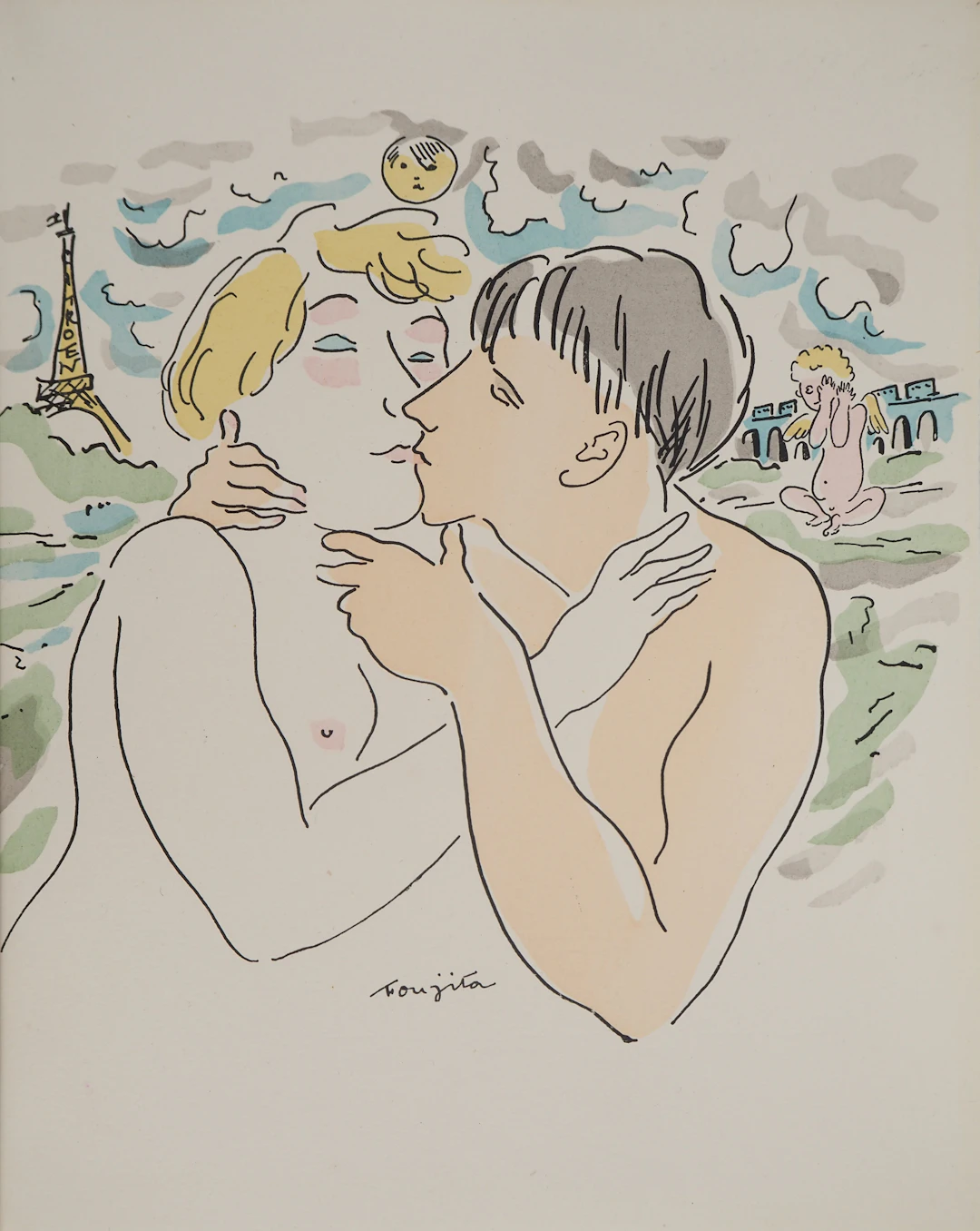 Léonard Tsuguharu FOUJITA : Les amoureux à Paris, Gravure originale signée