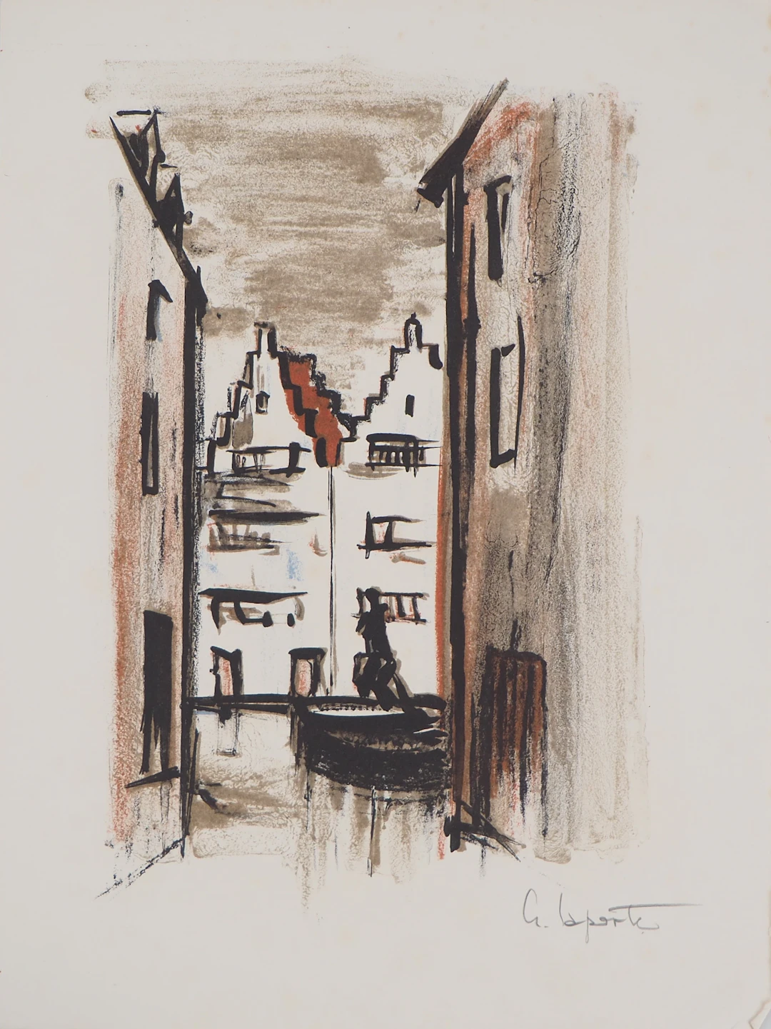 Georges LAPORTE - Gondolier sur les canaux de Bruges, 1971 - Lithographie
