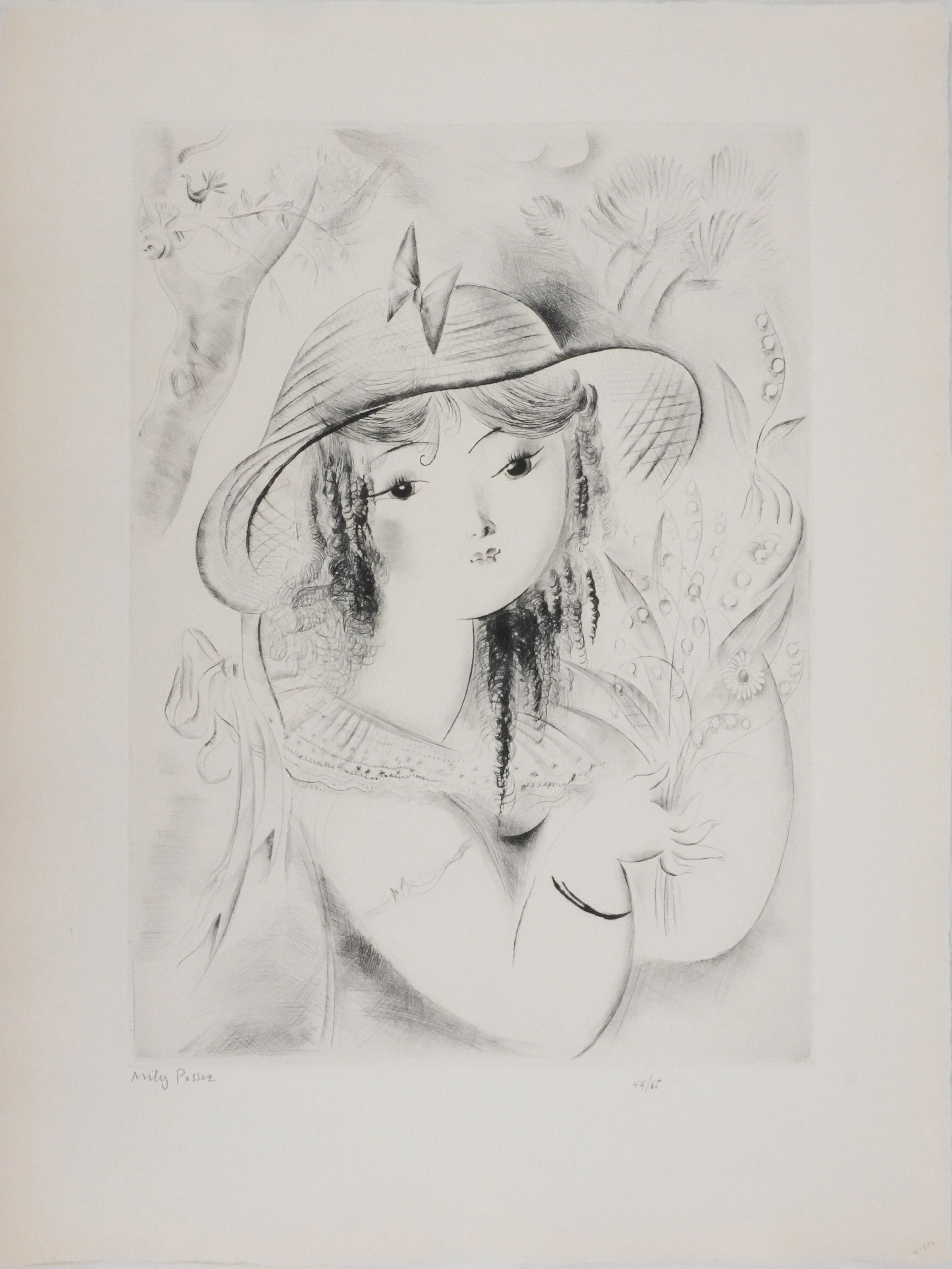 Mily POSSOZ : Jeunes femmes à la perruche - Gravure originale signée