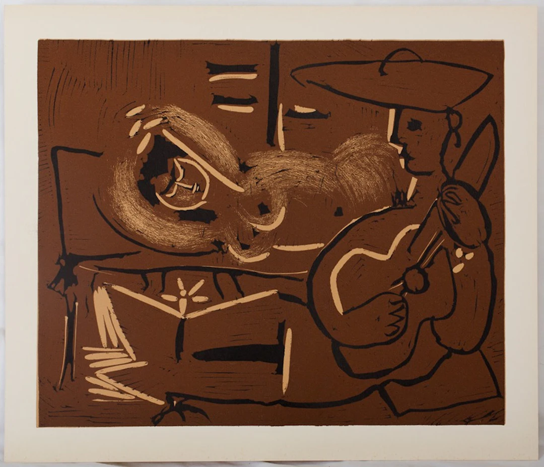 Pablo PICASSO : Femme couchée et guitariste au chapeau, Linogravure
