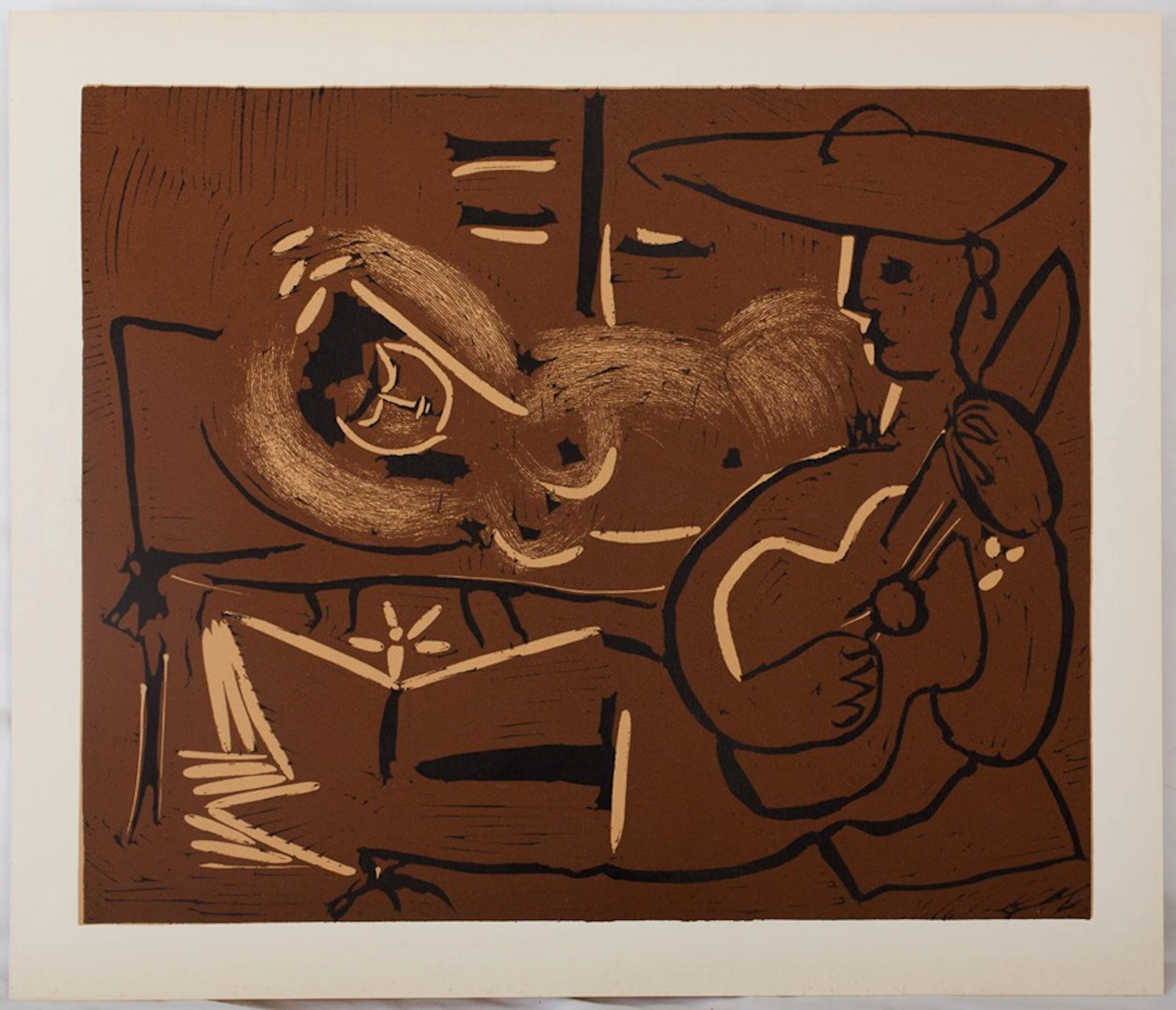 Pablo PICASSO : Femme couchée et guitariste au chapeau, Linogravure