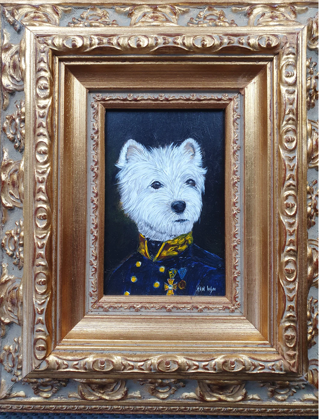 VAN WYN chien West Highland en Uniforme 2015 Huile sur bois