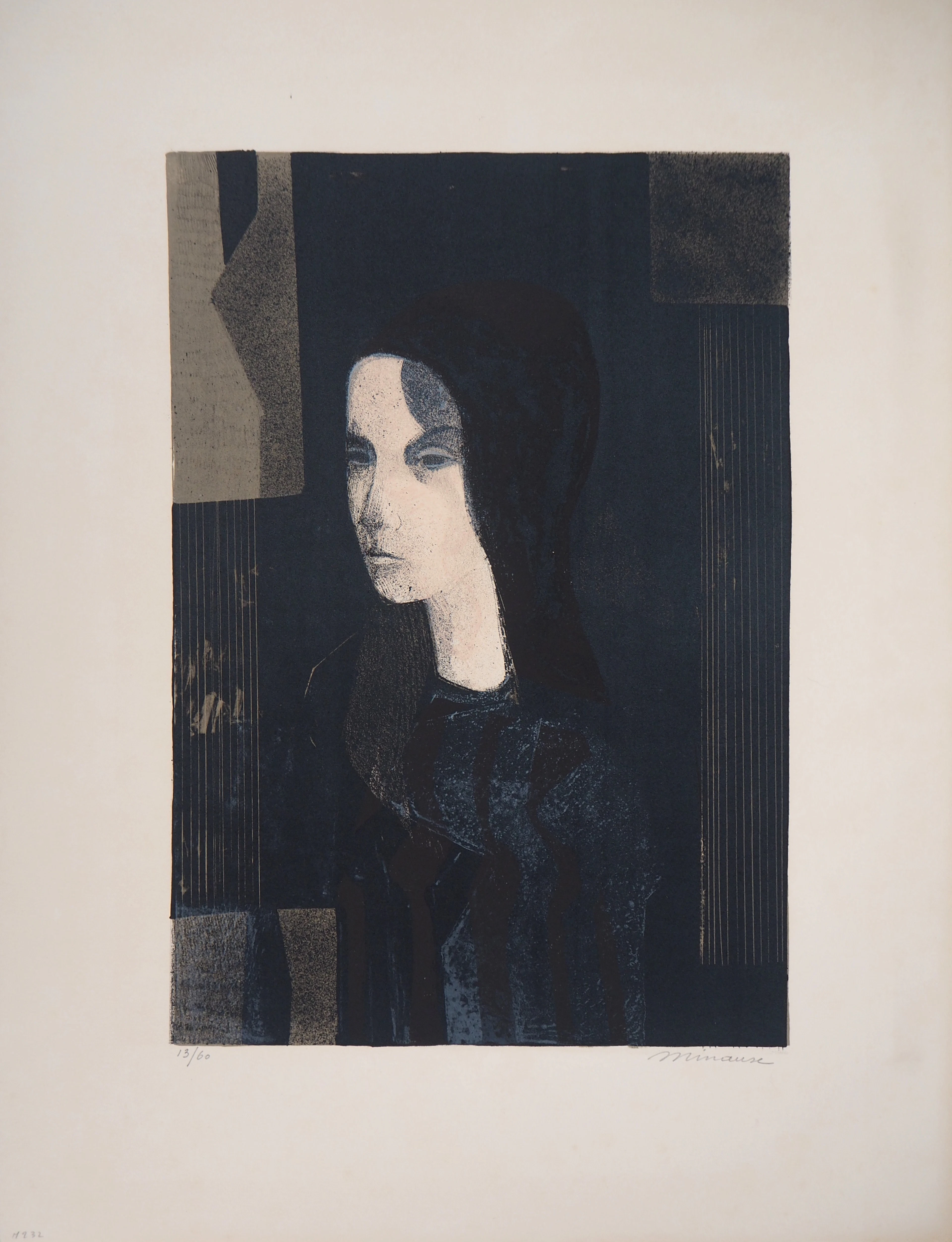 André MINAUX - Portrait de femme en noir - Lithographie signée et numérotée