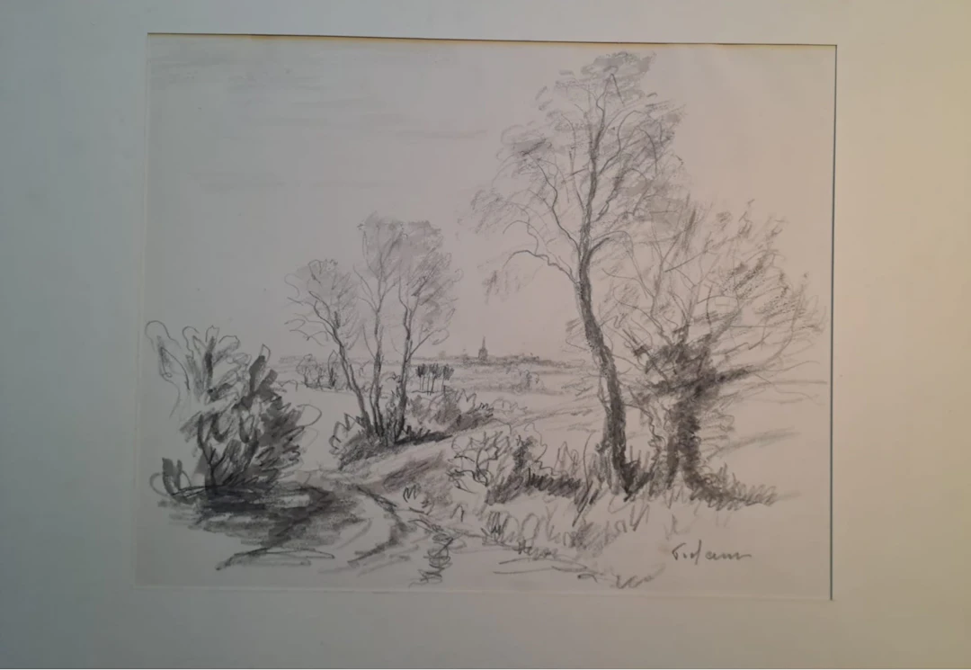 Jean Frélaut - Paysage de campagne - Dessin