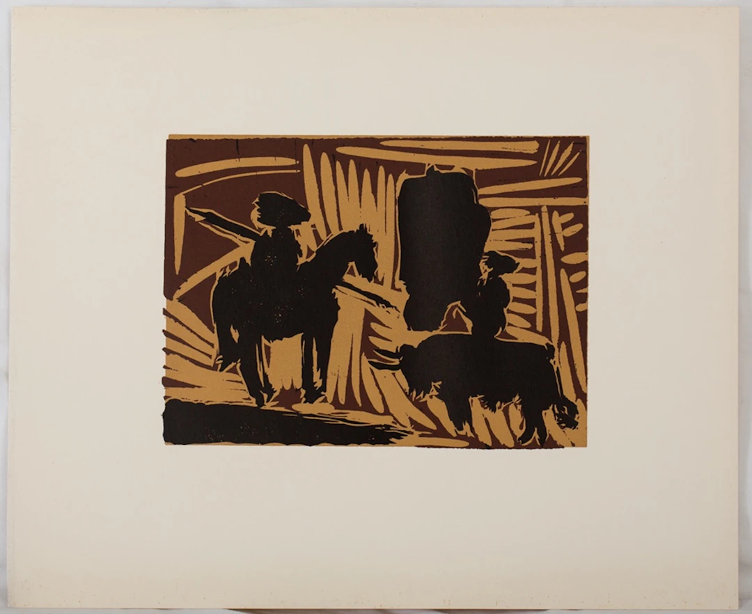 Pablo PICASSO : Corrida, l’entrée du taureau - Linogravure (1962)