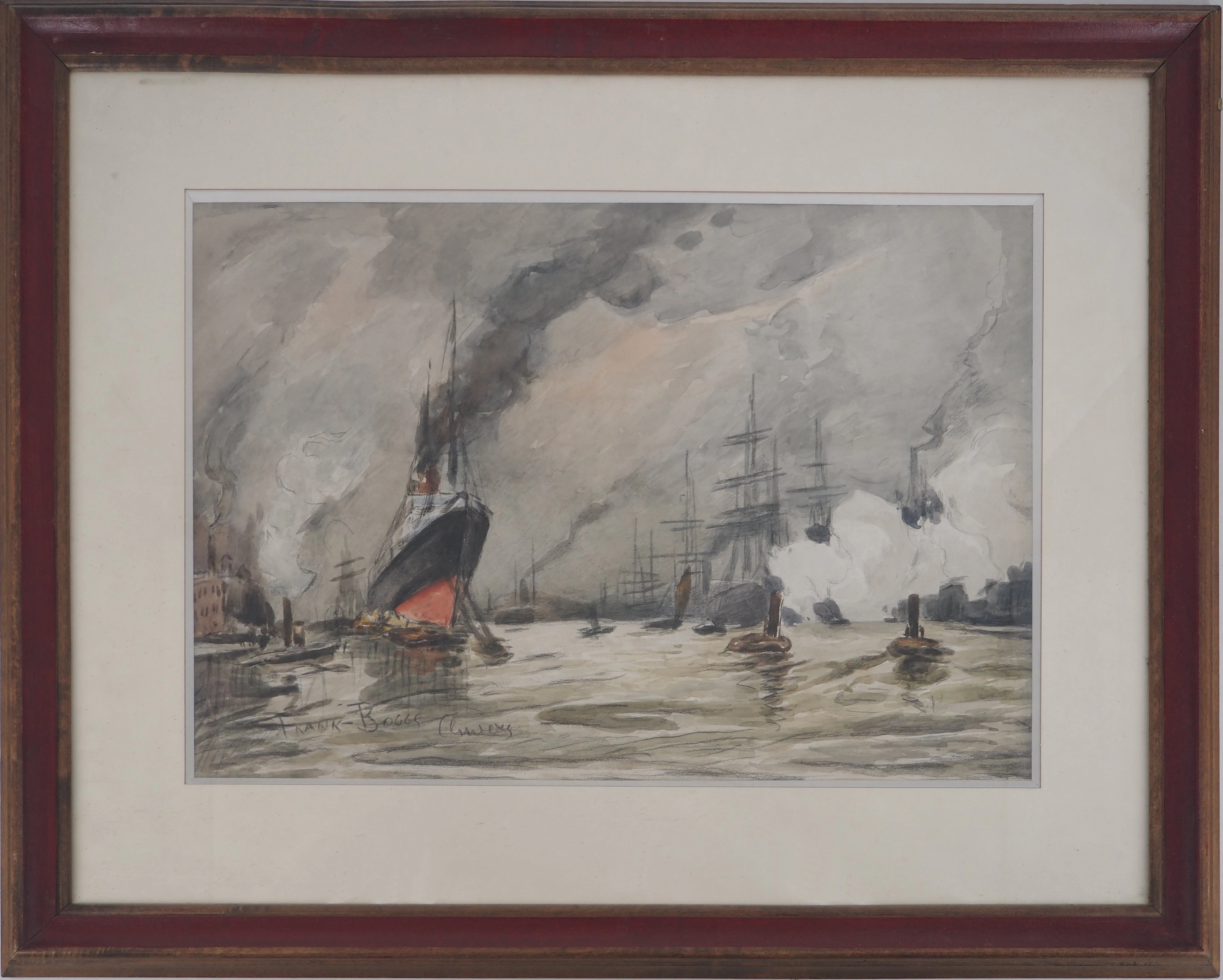 Frank BOGGS - Anvers : Paquebot et Bateaux à Voiles - Aquarelle originale