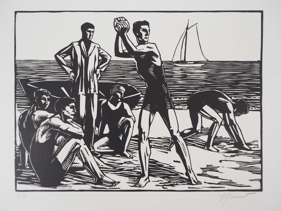 Raphael DROUART : Pays Basque, Jeux sur la plage - 1928 - Bois gravé