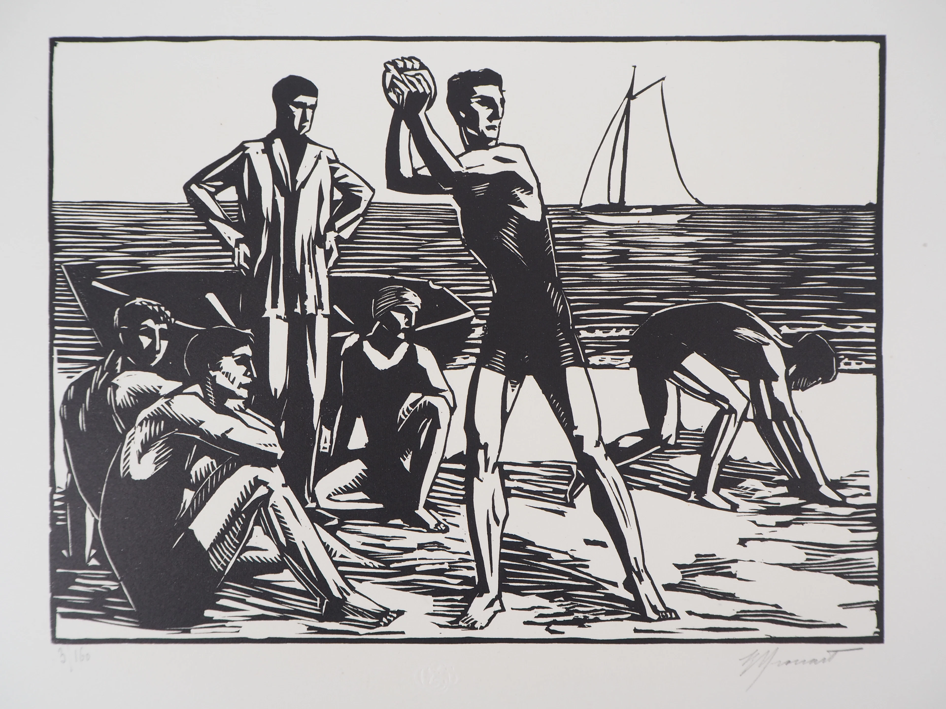 Raphael DROUART : Pays Basque, Jeux sur la plage - 1928 - Bois gravé