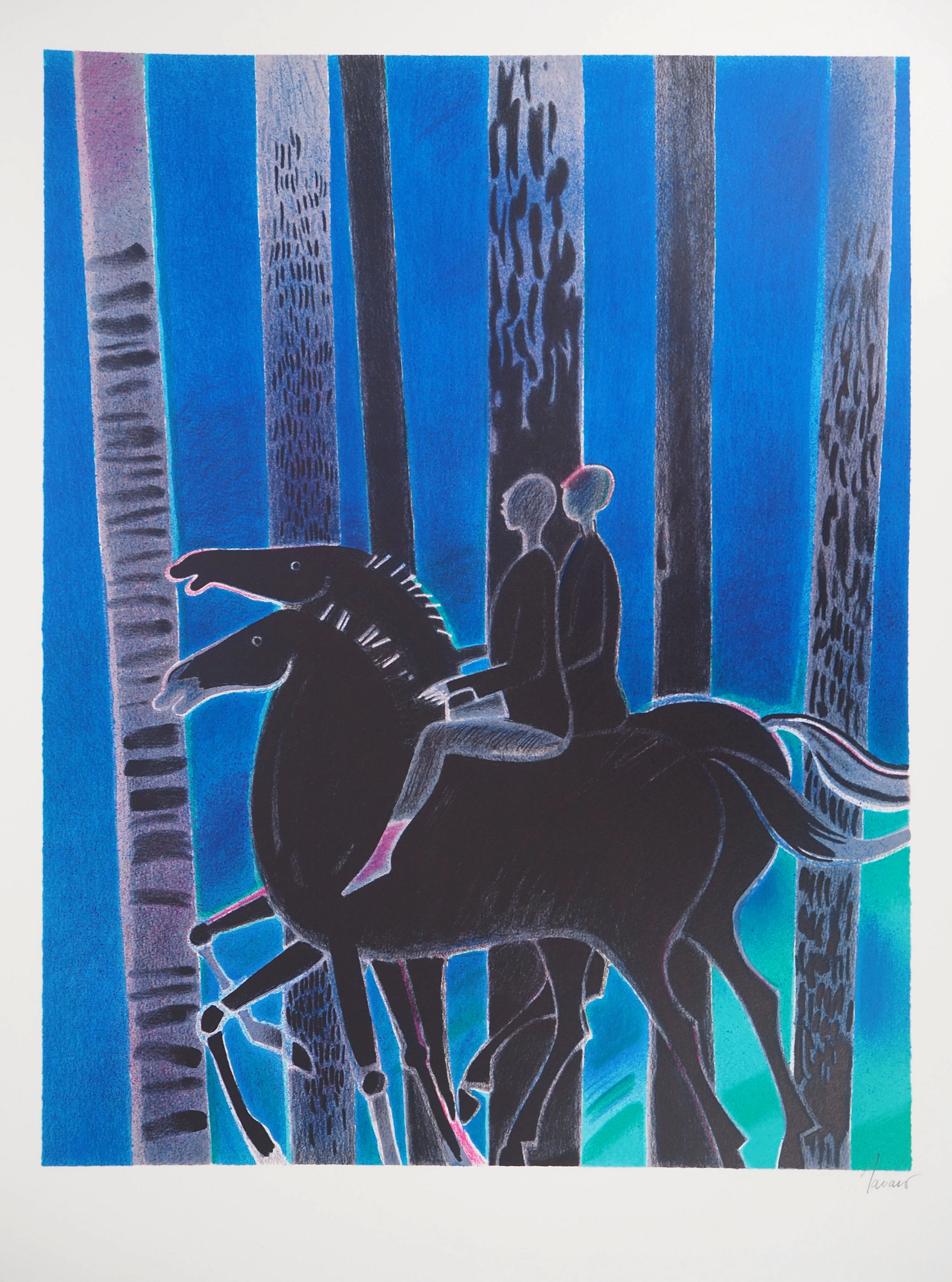 Albert ZAVARO : Les chevaux noirs - Lithographie originale signée