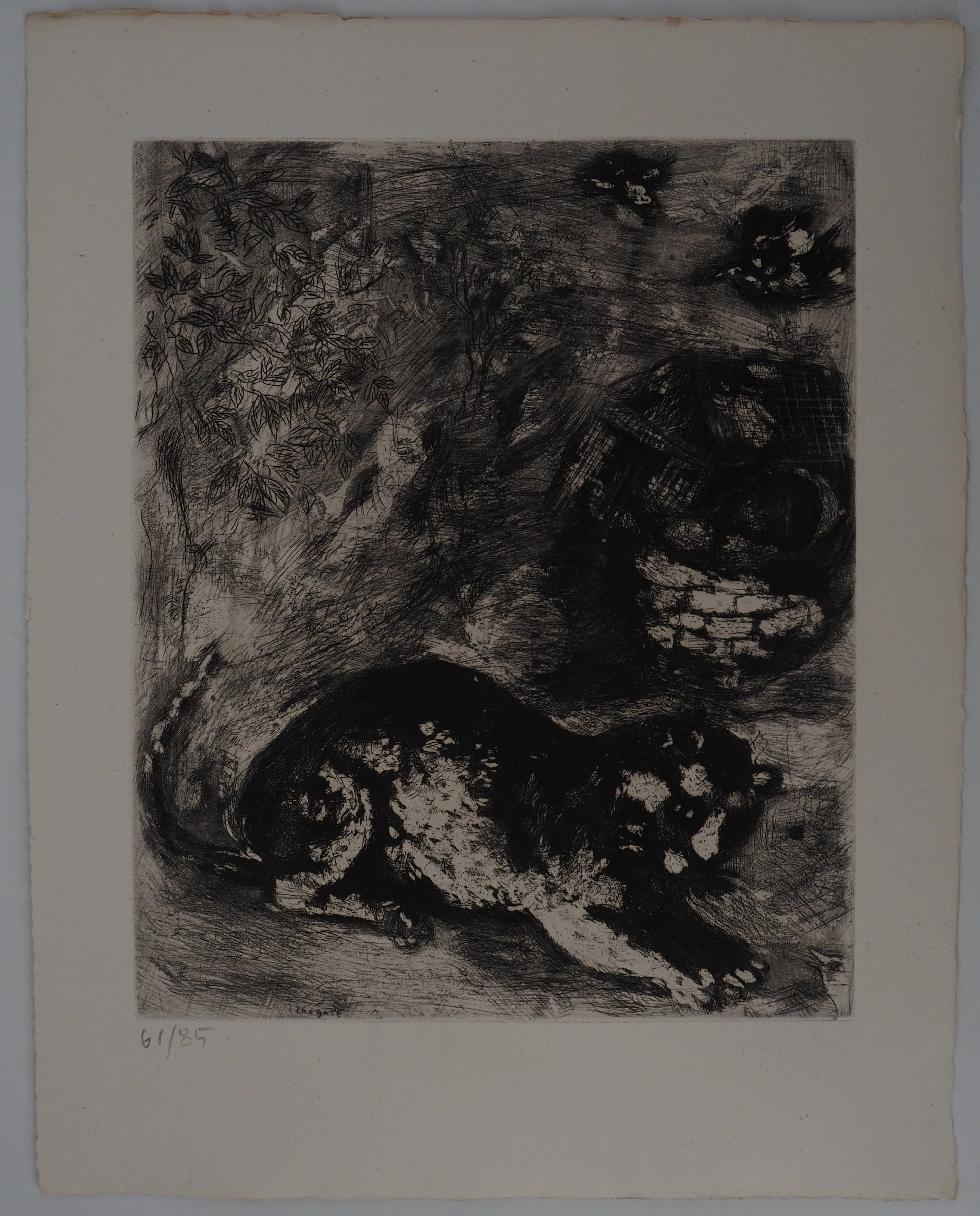 Marc CHAGALL : Le chat et les deux moineaux, Gravure originale signée