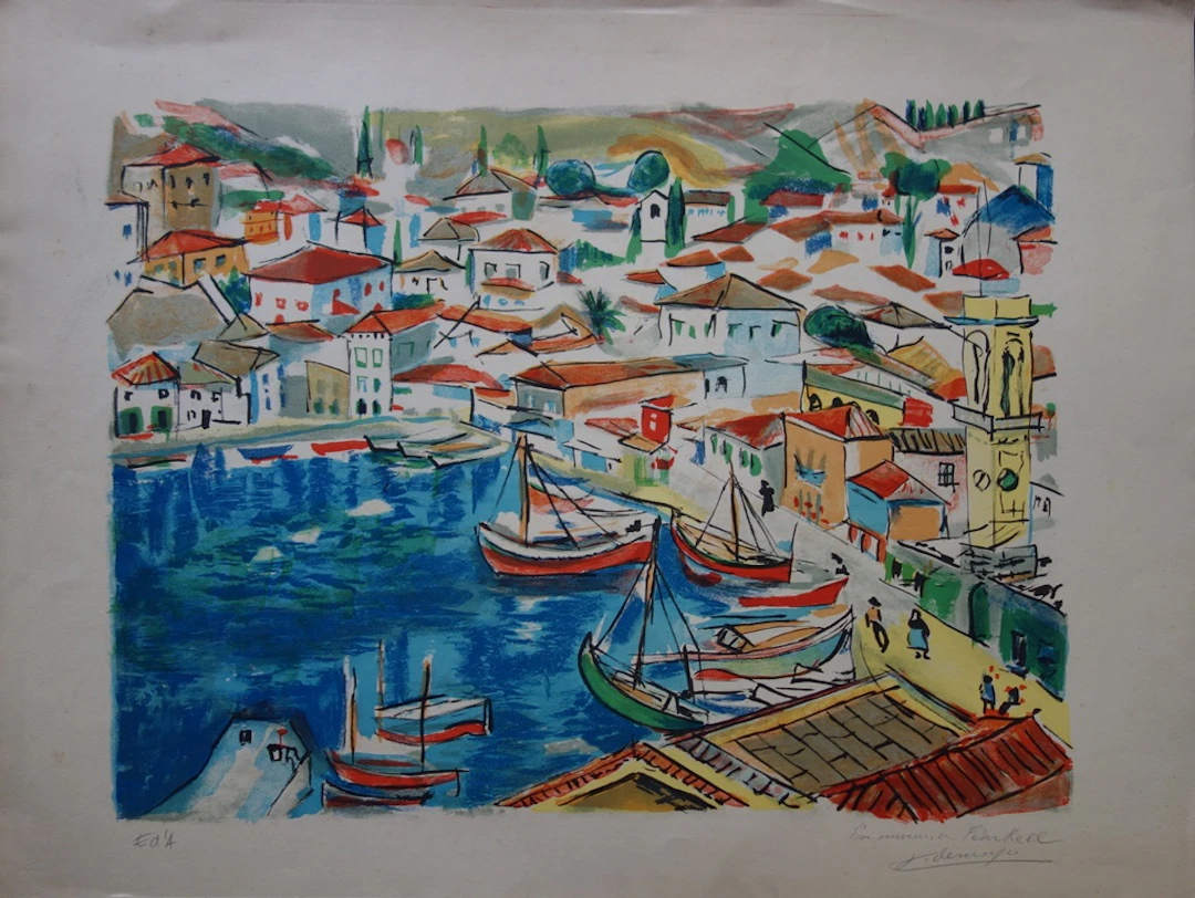 François DESNOYER : Petit port en Provence, Lithographie originale signée