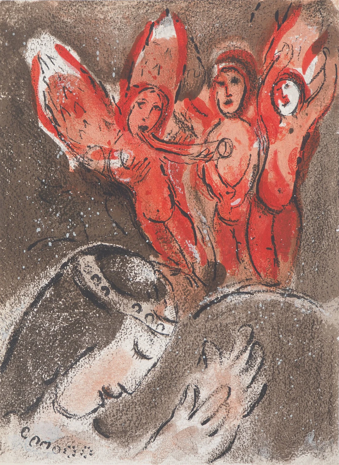 Marc CHAGALL : La Bible, Sara et les anges, Lithographie originale