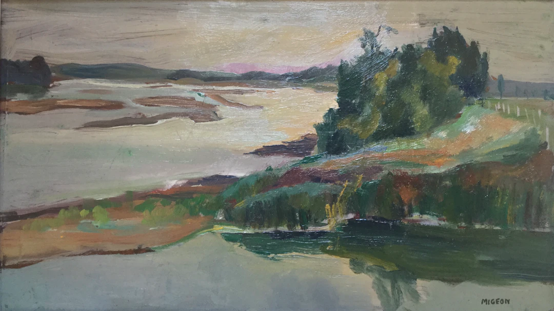 Marguerite MIGEON - Paysage lacustre - Huile sur panneau signée