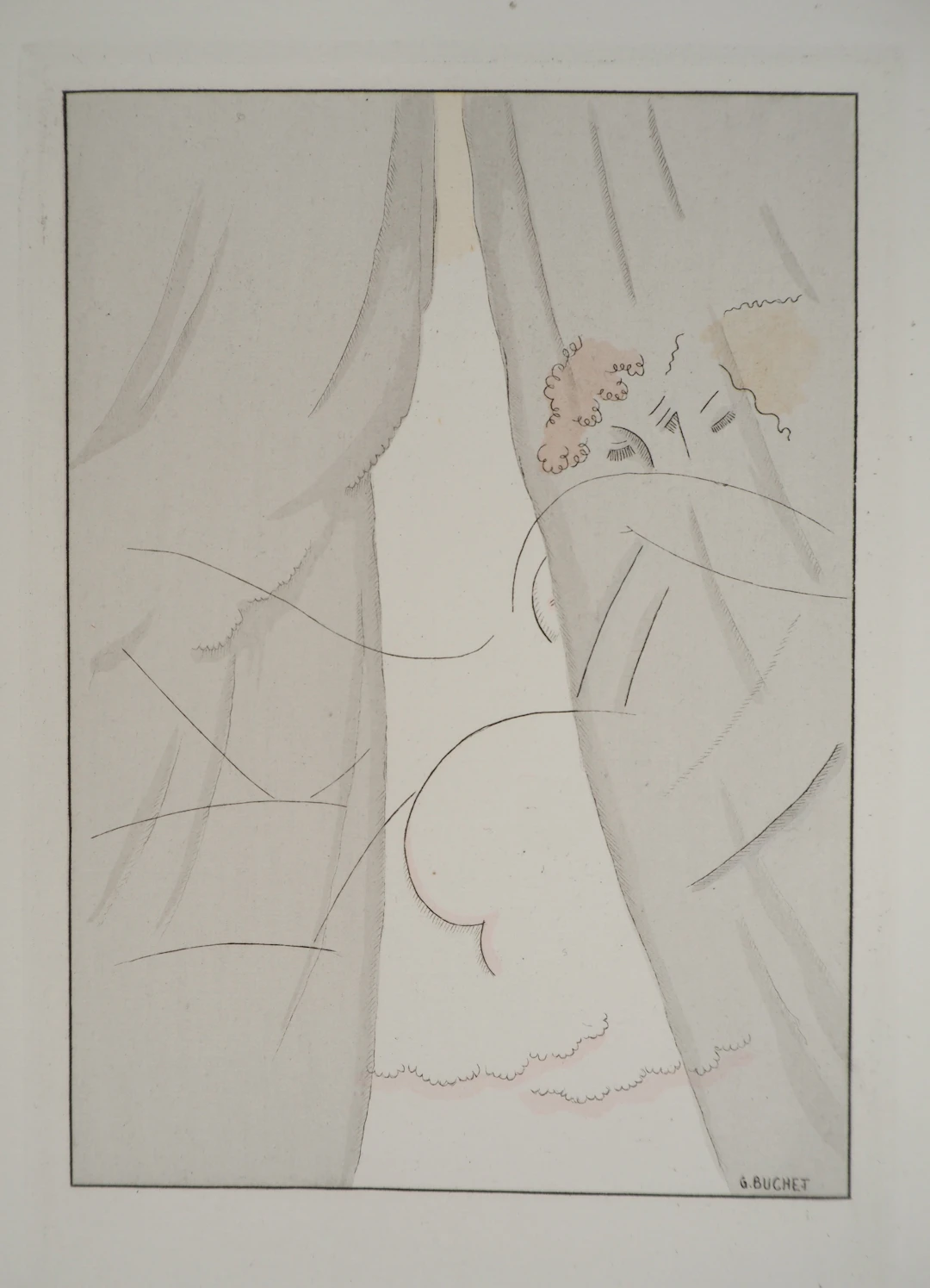 Gustave BUCHET : L'étreinte dissimulée, Gravure originale et pochoir signée