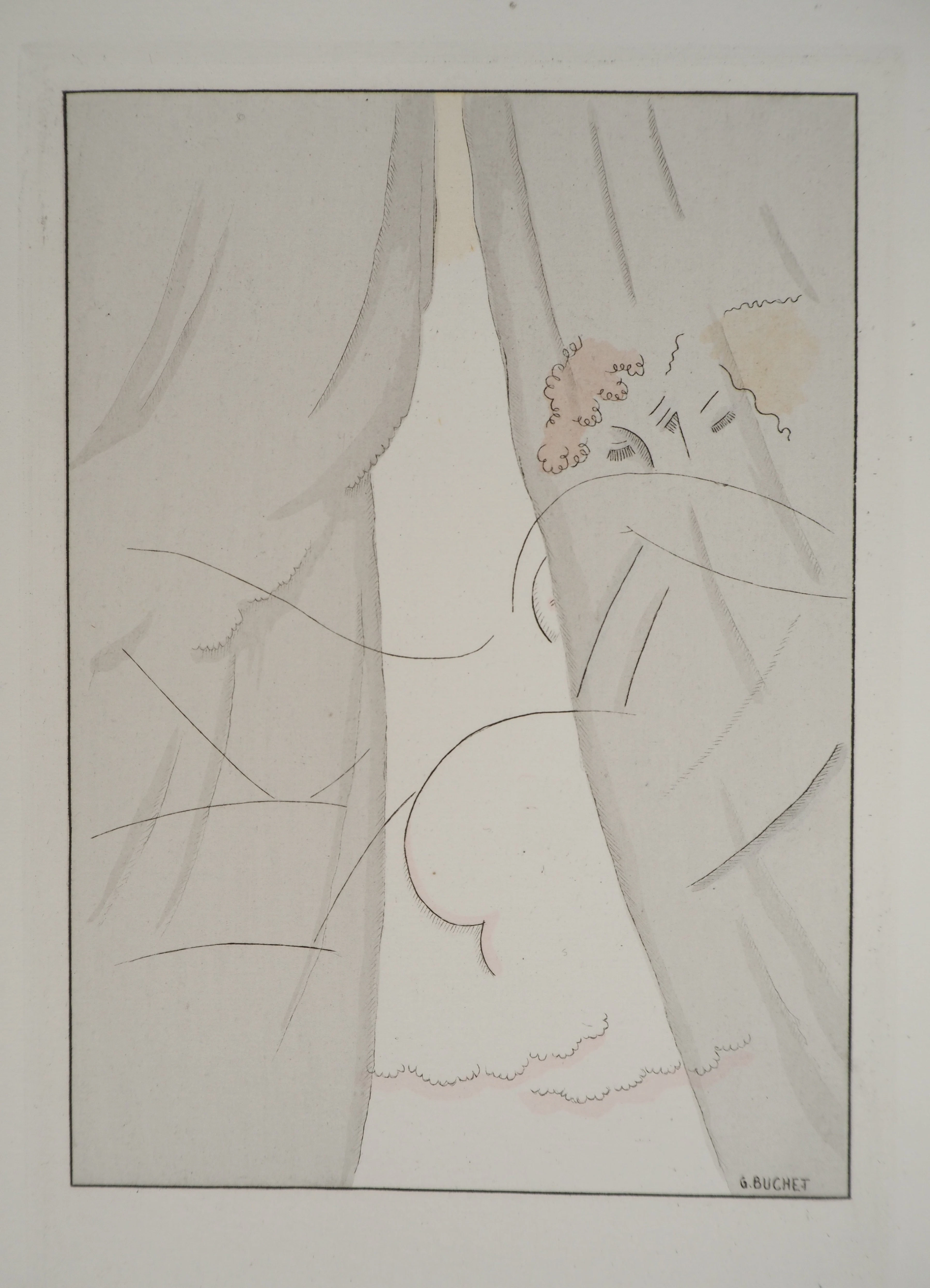 Gustave BUCHET : L'étreinte dissimulée, Gravure originale et pochoir signée