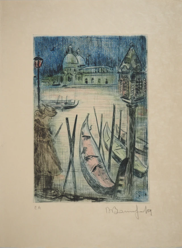 Alain BONNEFOIT : Candide devant le Grand Canal de Venise, Gravure