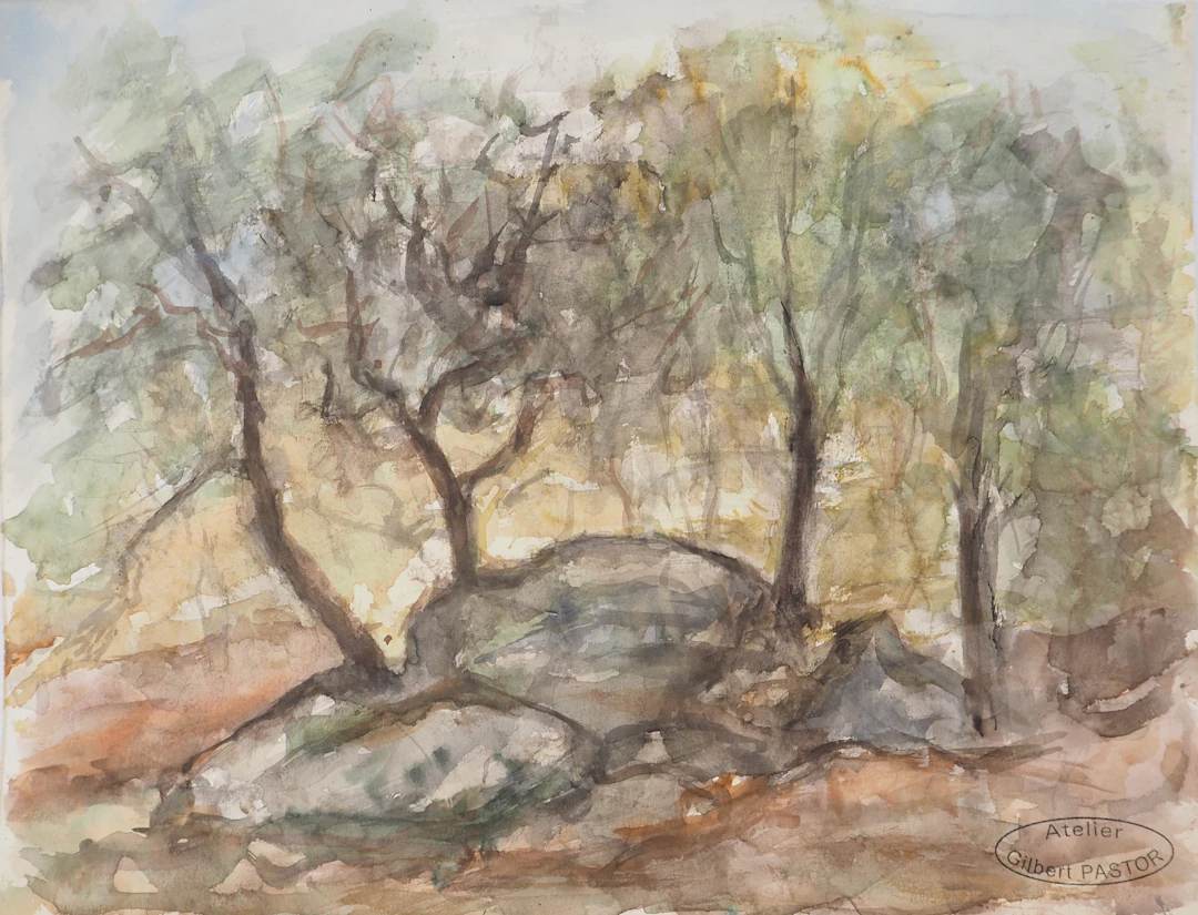 Gilbert PASTOR : Coucher de soleil derrière les arbres, Aquarelle