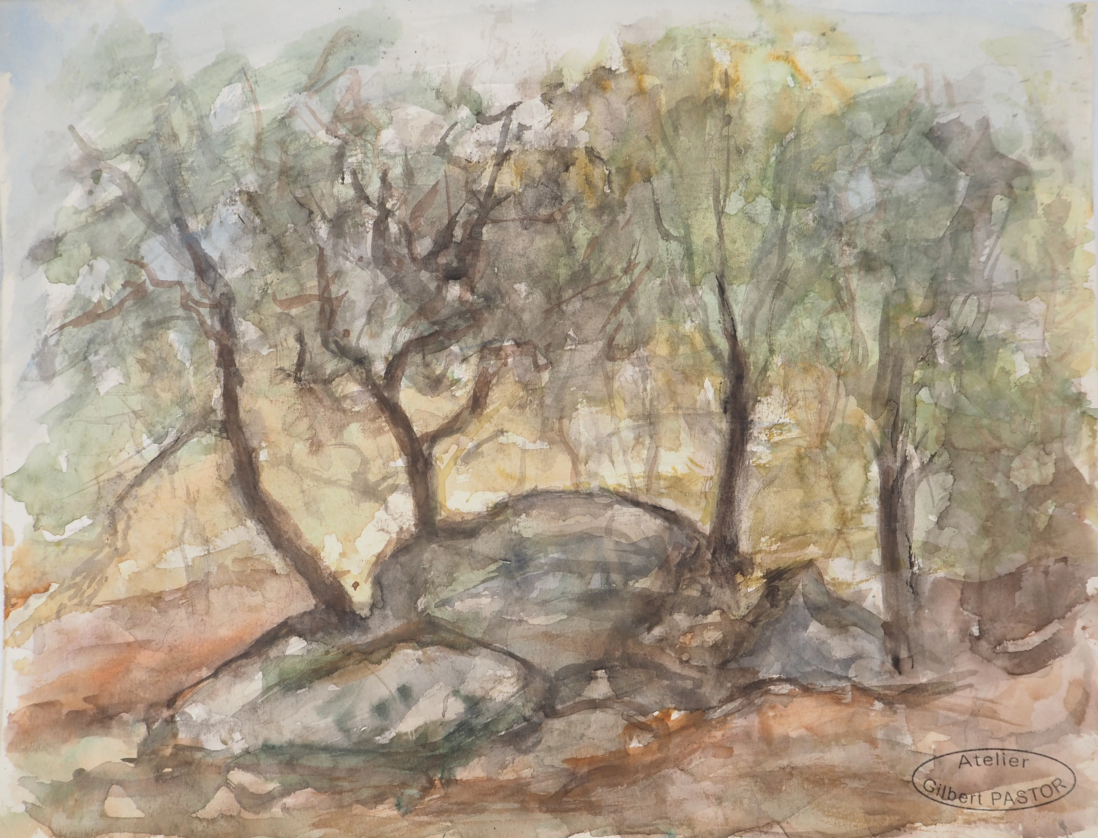 Gilbert PASTOR : Coucher de soleil derrière les arbres, Aquarelle