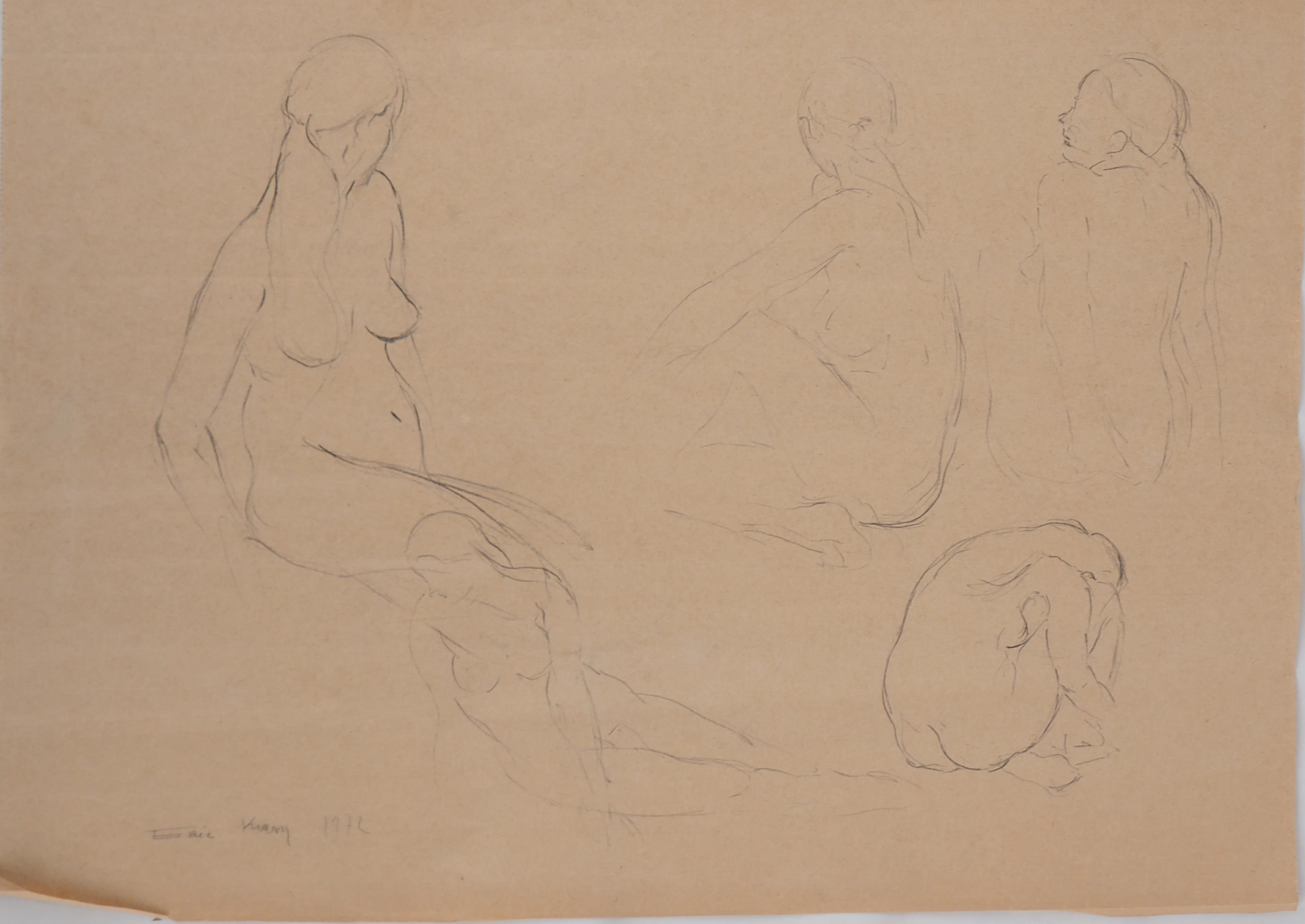 Eric Kram - Etudes de nu, 1972 - Dessin original signé