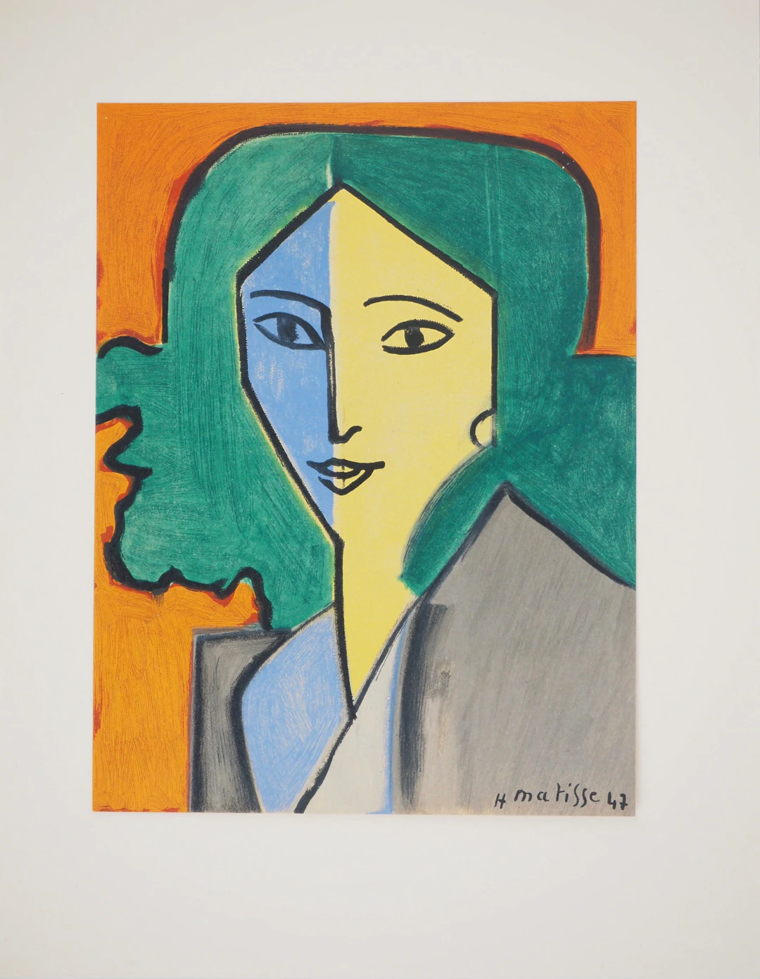 Henri MATISSE : Portrait bleu, vert et jaune, Lithographie signée