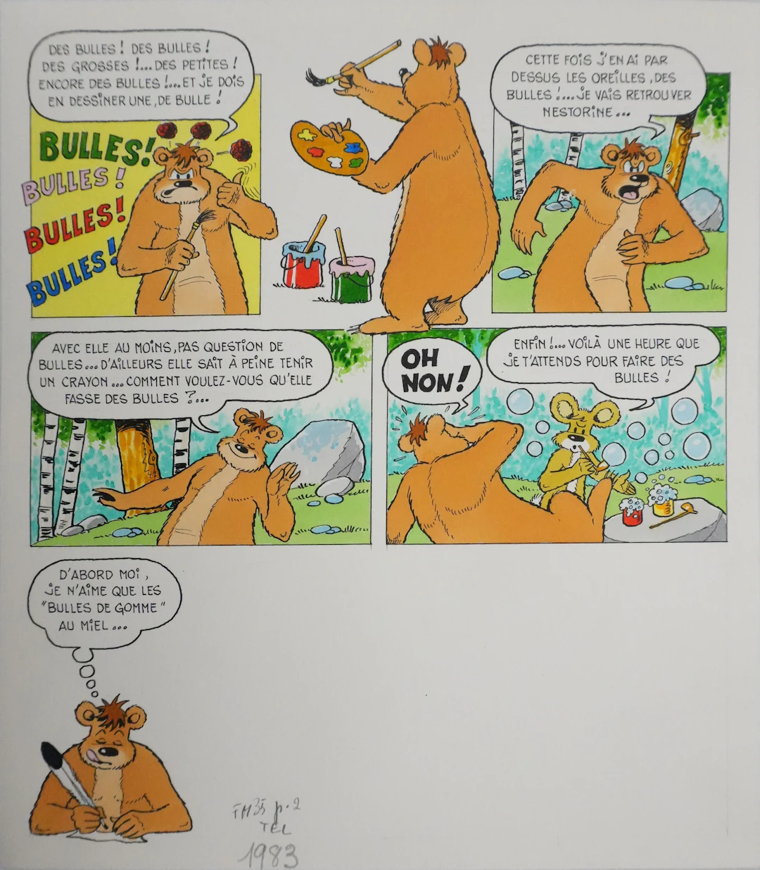 Roger BUSSEMEY : Nestor et Nestorine dessinent des bulles, Aquarelle originale