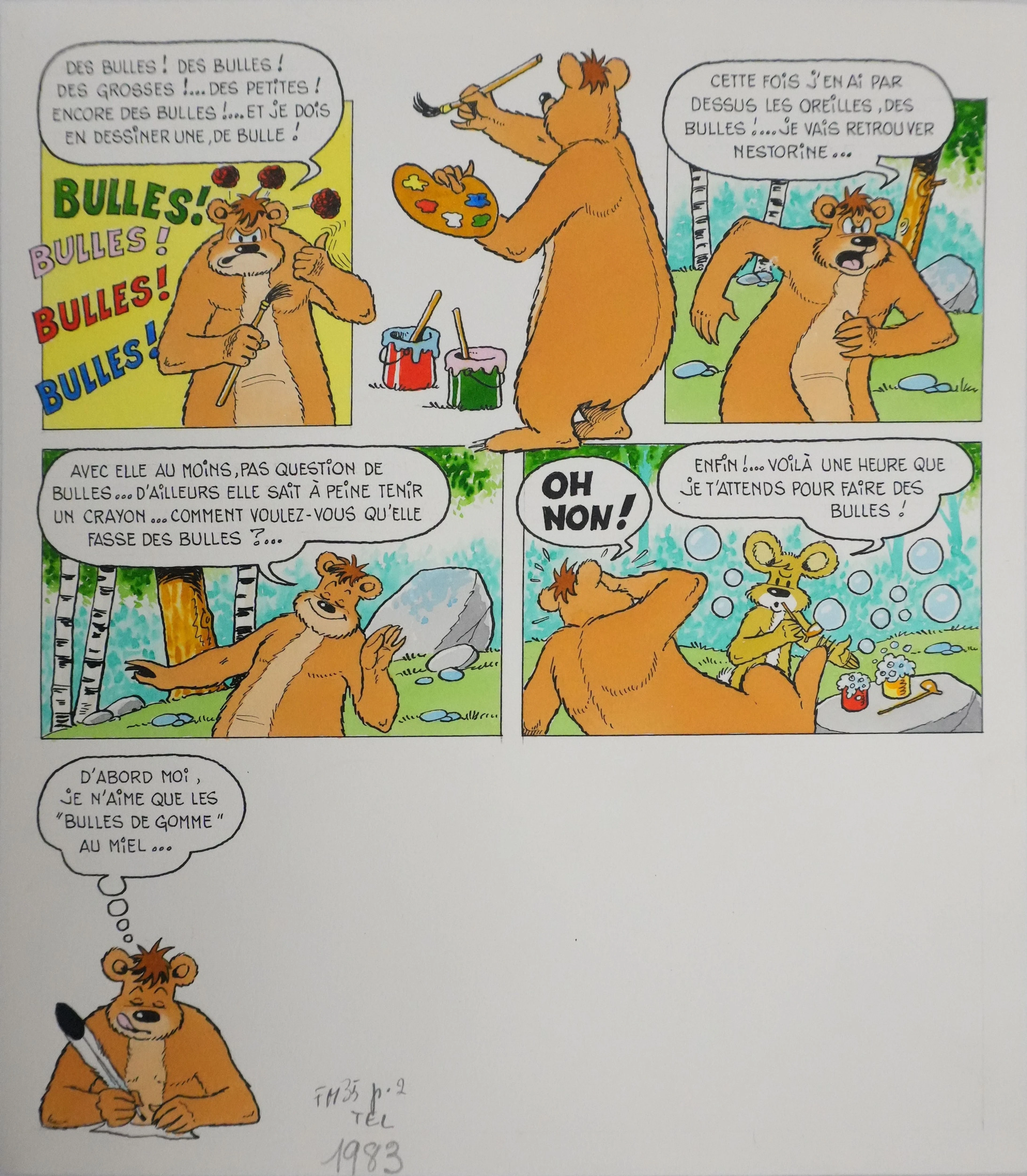 Roger BUSSEMEY : Nestor et Nestorine dessinent des bulles, Aquarelle originale