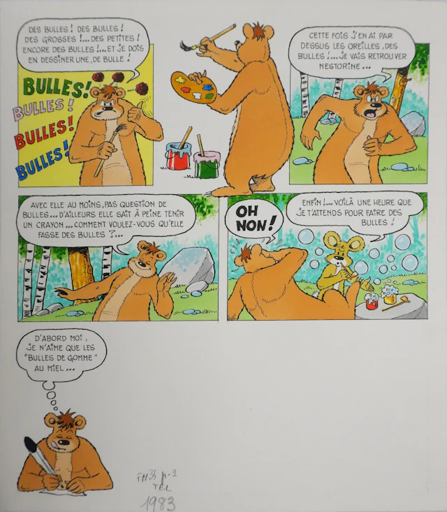 Roger BUSSEMEY : Nestor et Nestorine dessinent des bulles, Aquarelle originale