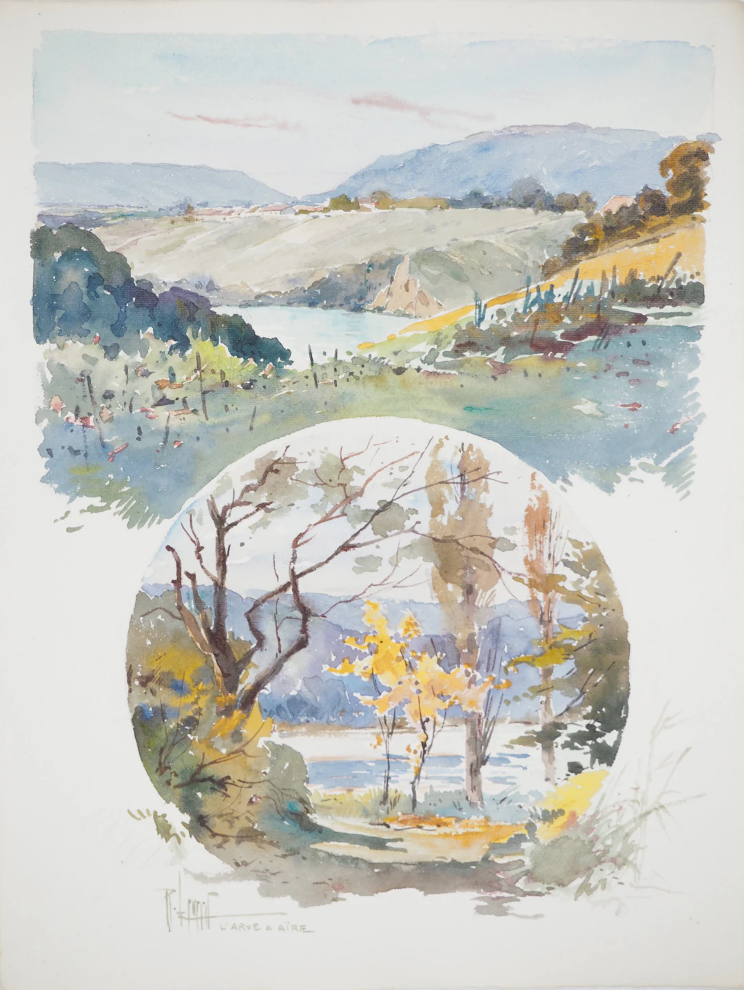 René LEVERD : Suisse, Sur les rives de l'Arve à Aïre, Aquarelle originale
