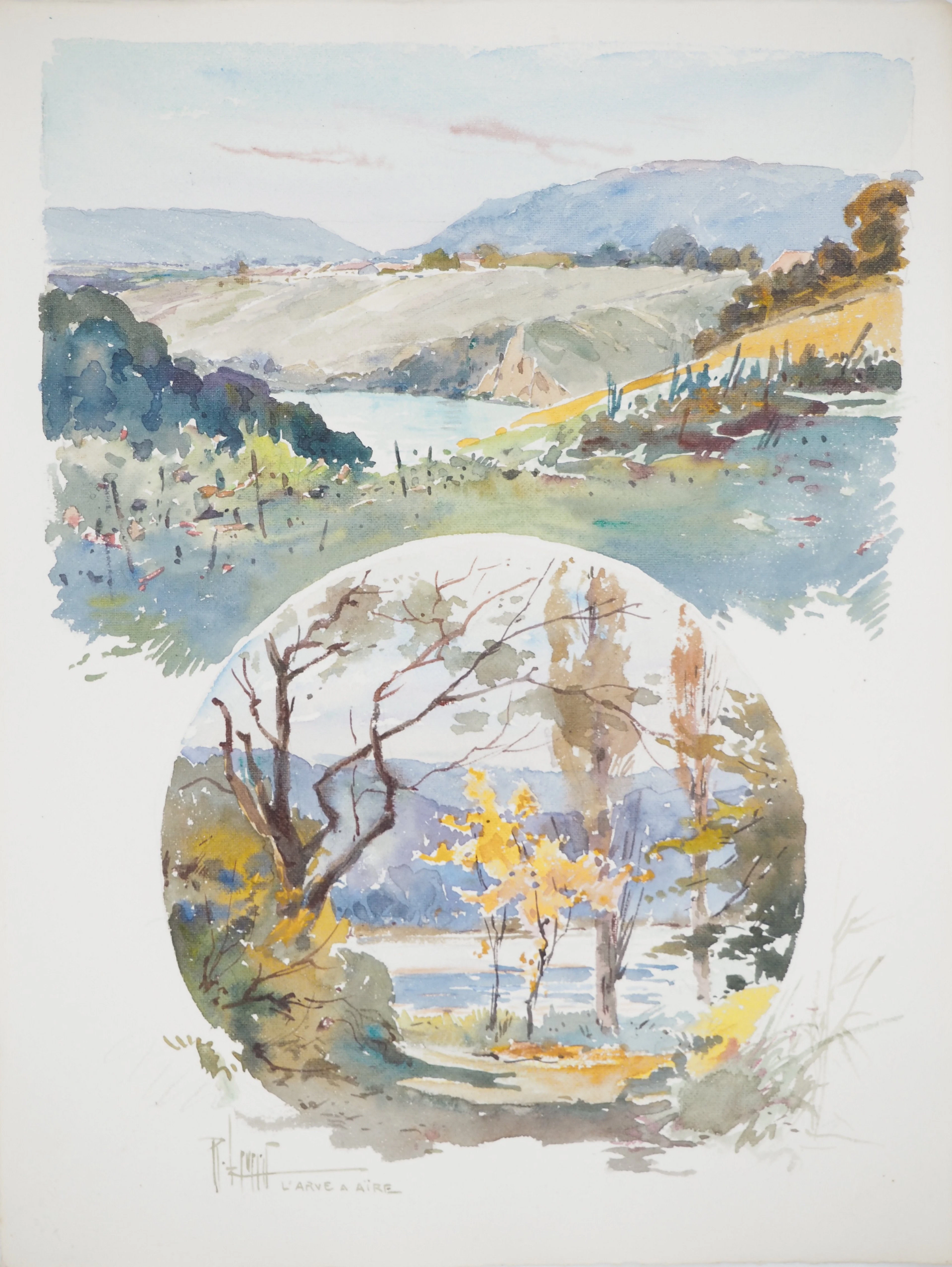 René LEVERD : Suisse, Sur les rives de l'Arve à Aïre, Aquarelle originale