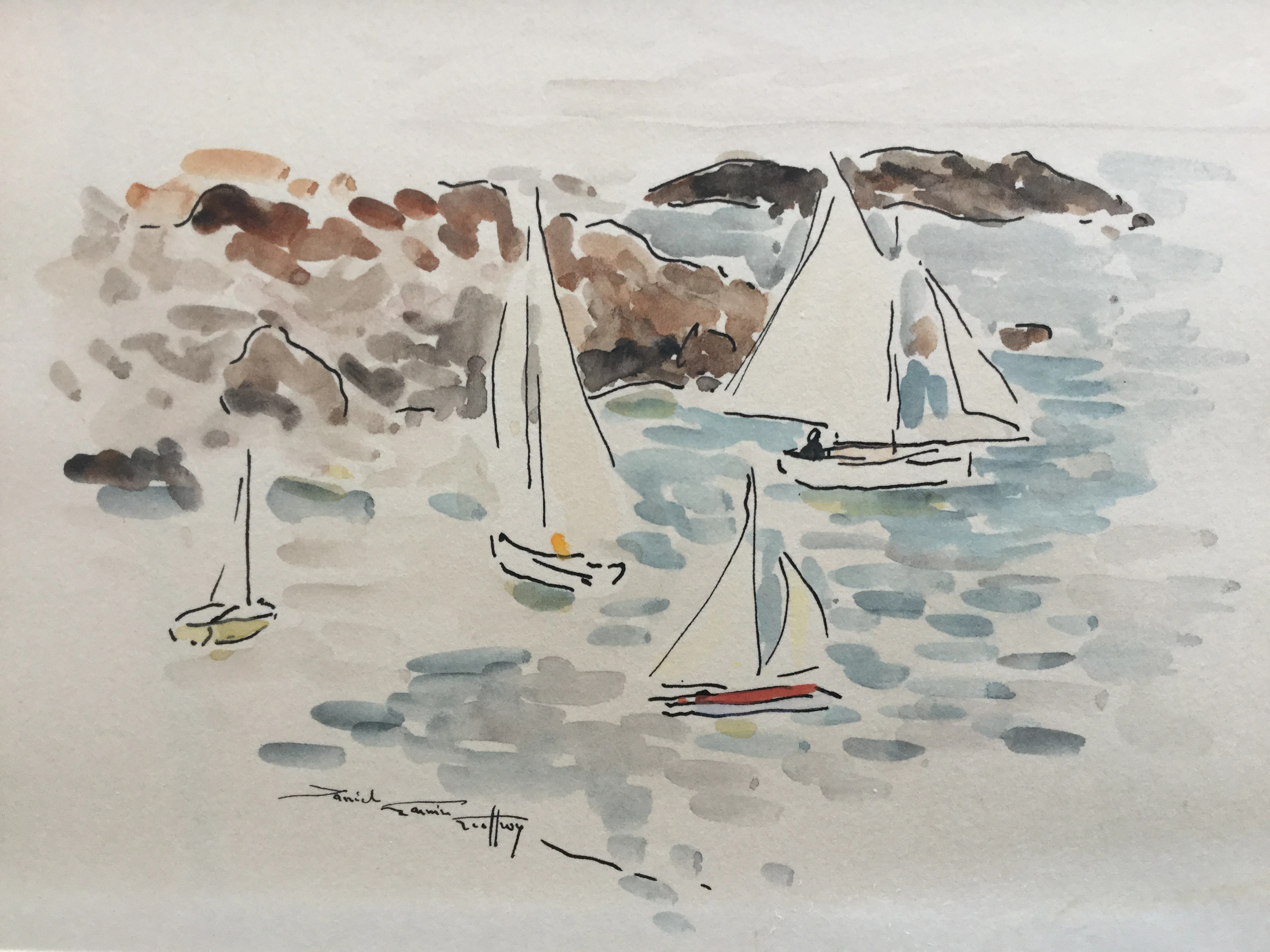 Daniel GARNIER-GEOFFROY - Voiliers à Trégastel - Aquarelle signée