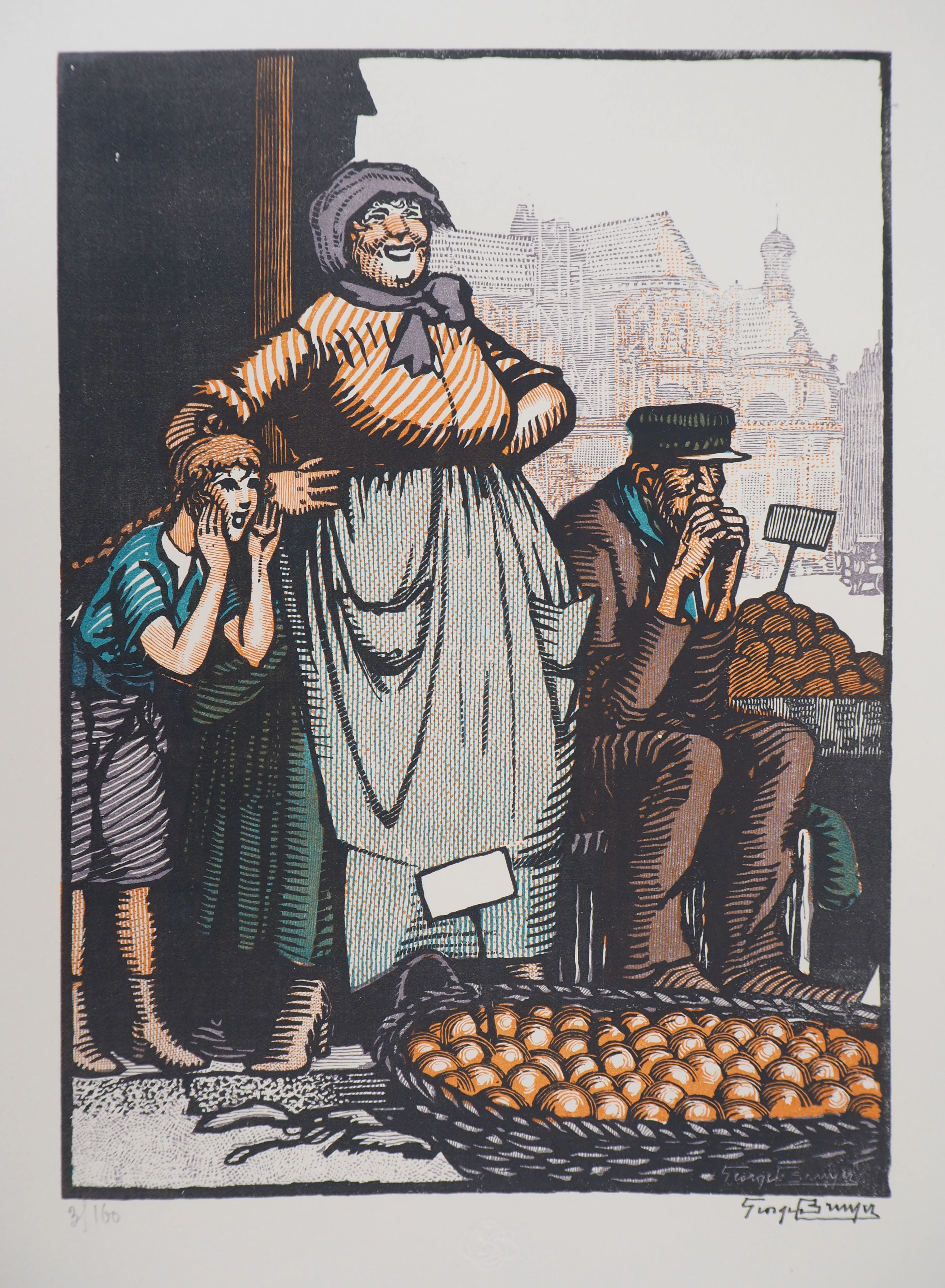 Georges BRUYER : La marchande d’oranges - Bois gravé original signé, 1925